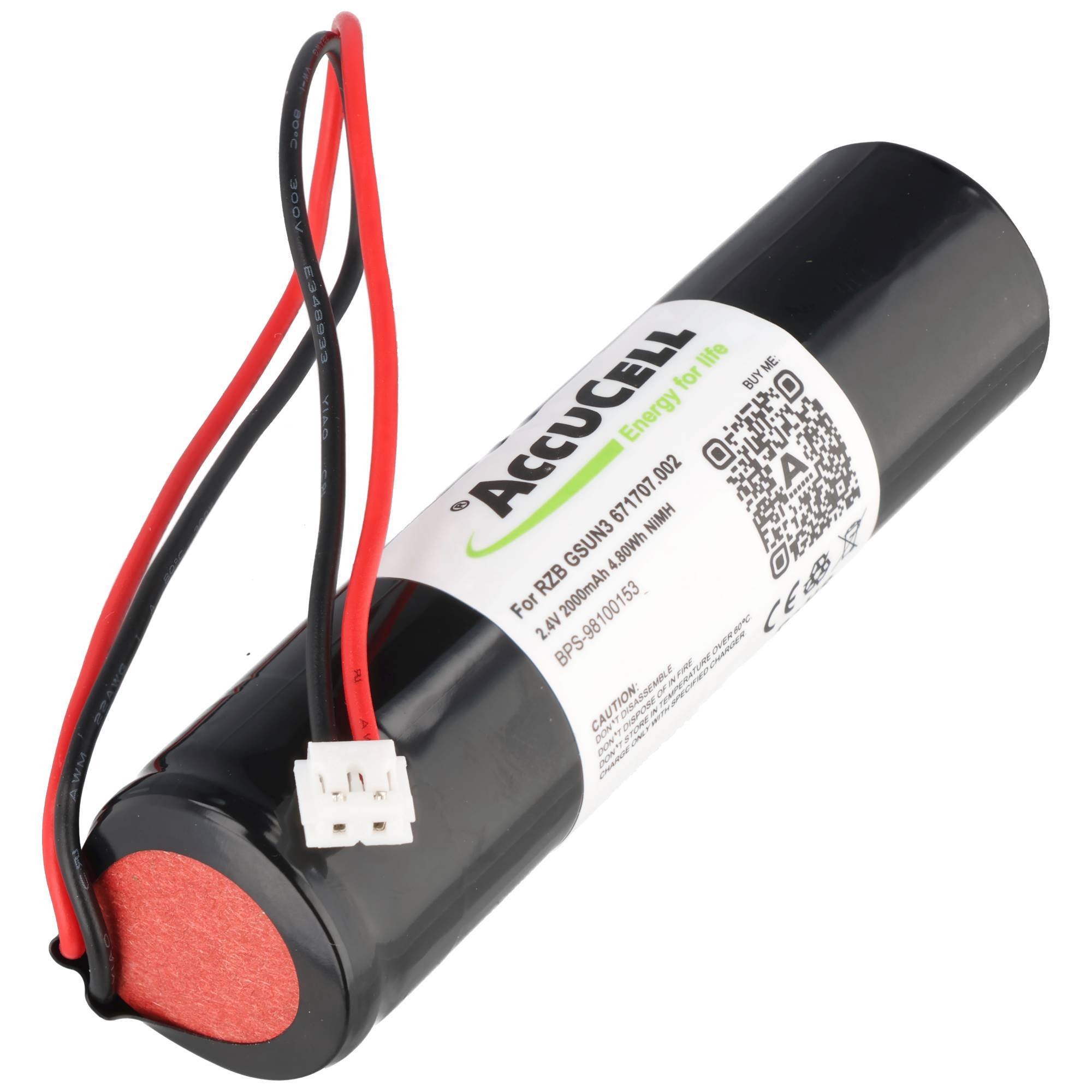 AccuCell wiederaufladbares Batteriepack mit roten und schwarzen Drähten und Anschluss, gezeigt auf weißem Hintergrund.