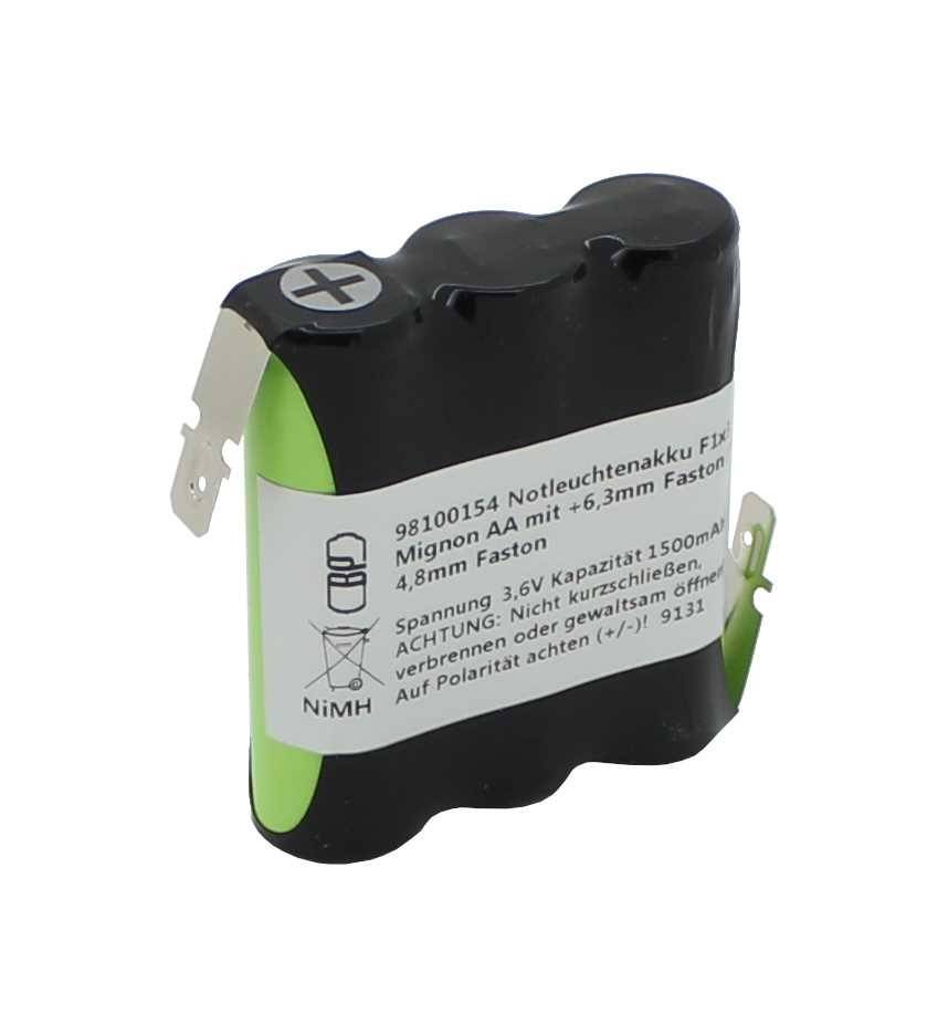 Notleuchtenakku NiMH 3,6V 1500mAh F1x3 Mignon AA mit Faston-Anschluss +6,3mm Faston / -4,8mm Faston
