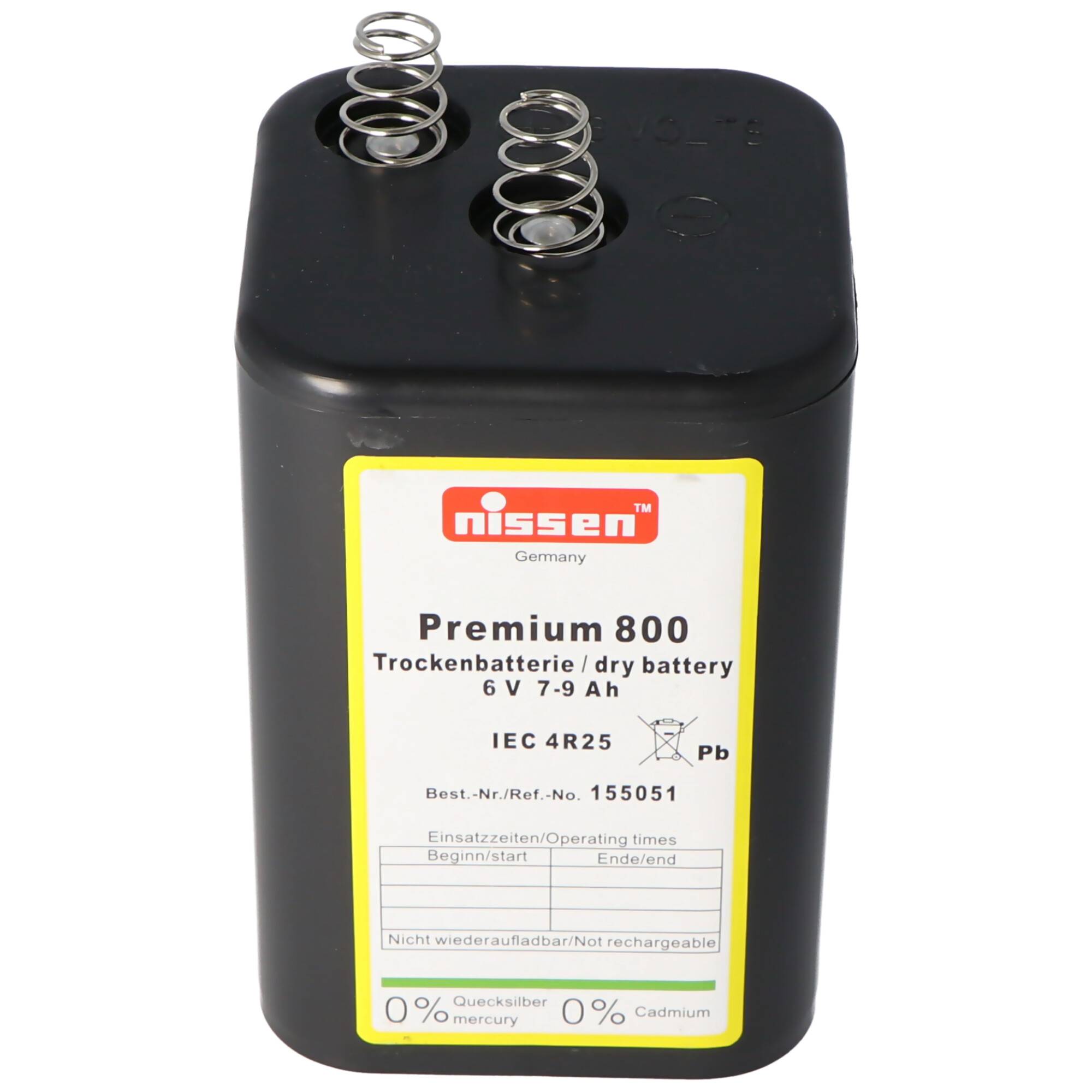 Nissen Premium 800 4R25 Batterie 6 Volt max. 9000mAh Kapazität, Trockenbatterie Nissen 4R25 ohne Quecksilber und Cadmium