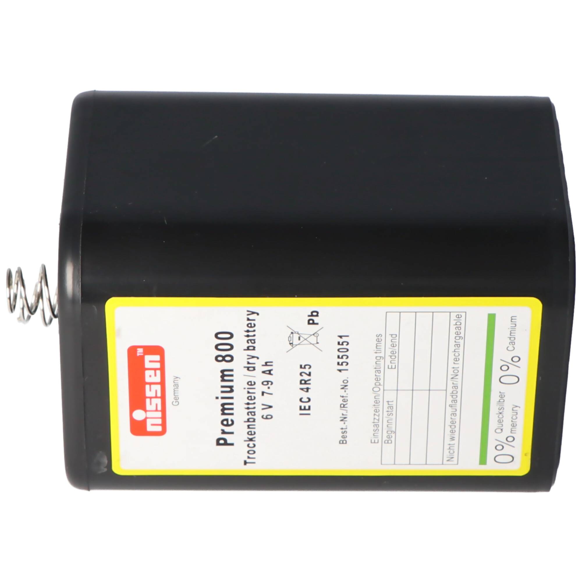 Nissen Premium 800 4R25 Batterie 6 Volt max. 9000mAh Kapazität, Trockenbatterie Nissen 4R25 ohne Quecksilber und Cadmium