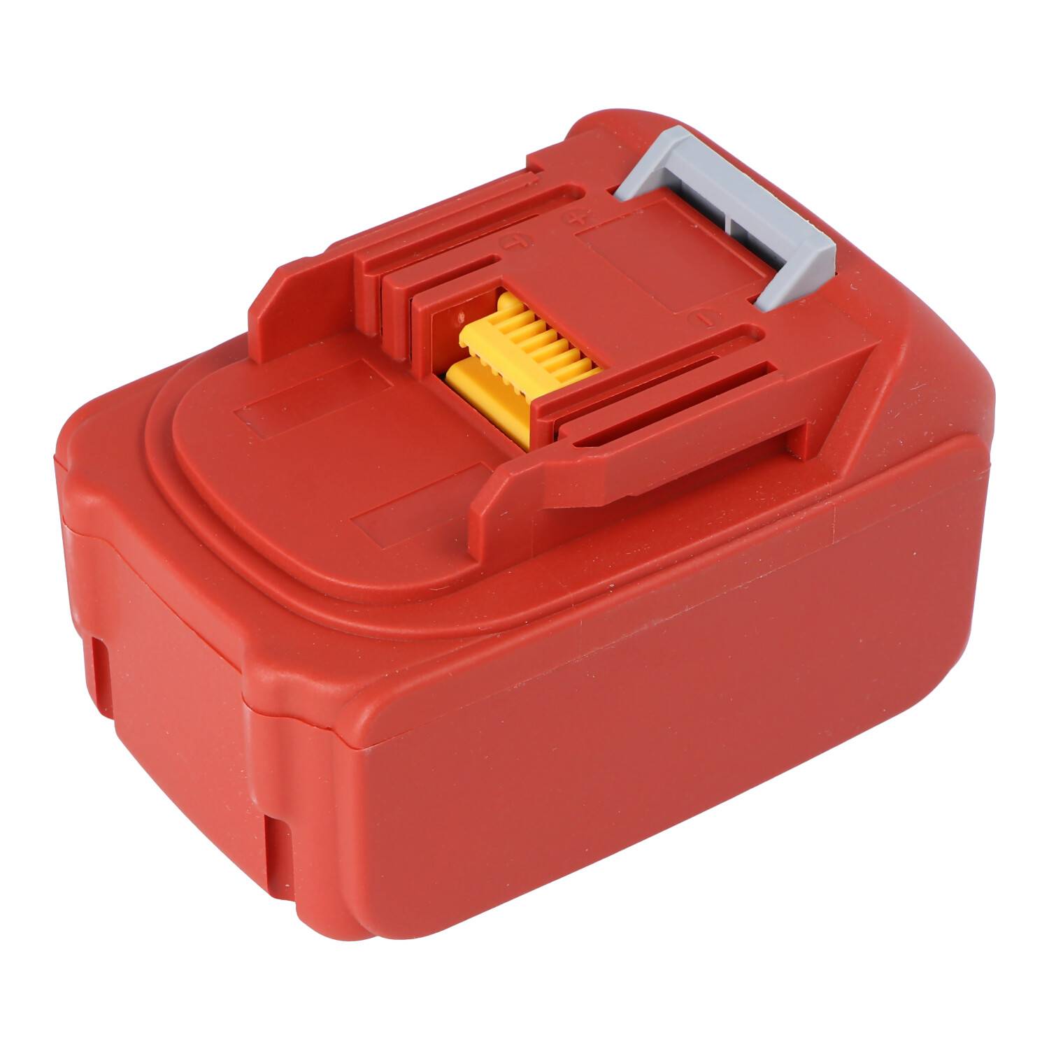 Rotes Batteriepaket mit grauem Riegel und gelbem Stecker, isoliert auf weißem Hintergrund dargestellt.