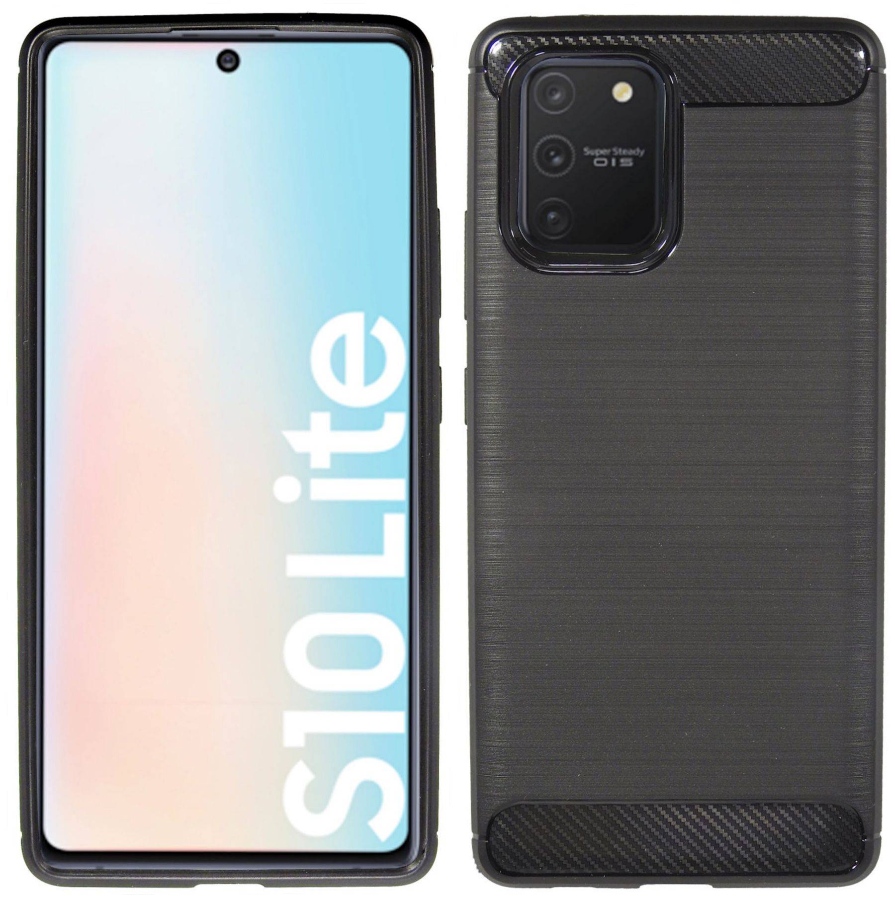 cofi1453® Silikon Hülle Bumper Carbon kompatibel mit SAMSUNG GALAXY S10 LITE (G770F) Case TPU Soft Handyhülle Cover Schutzhülle Schwarz