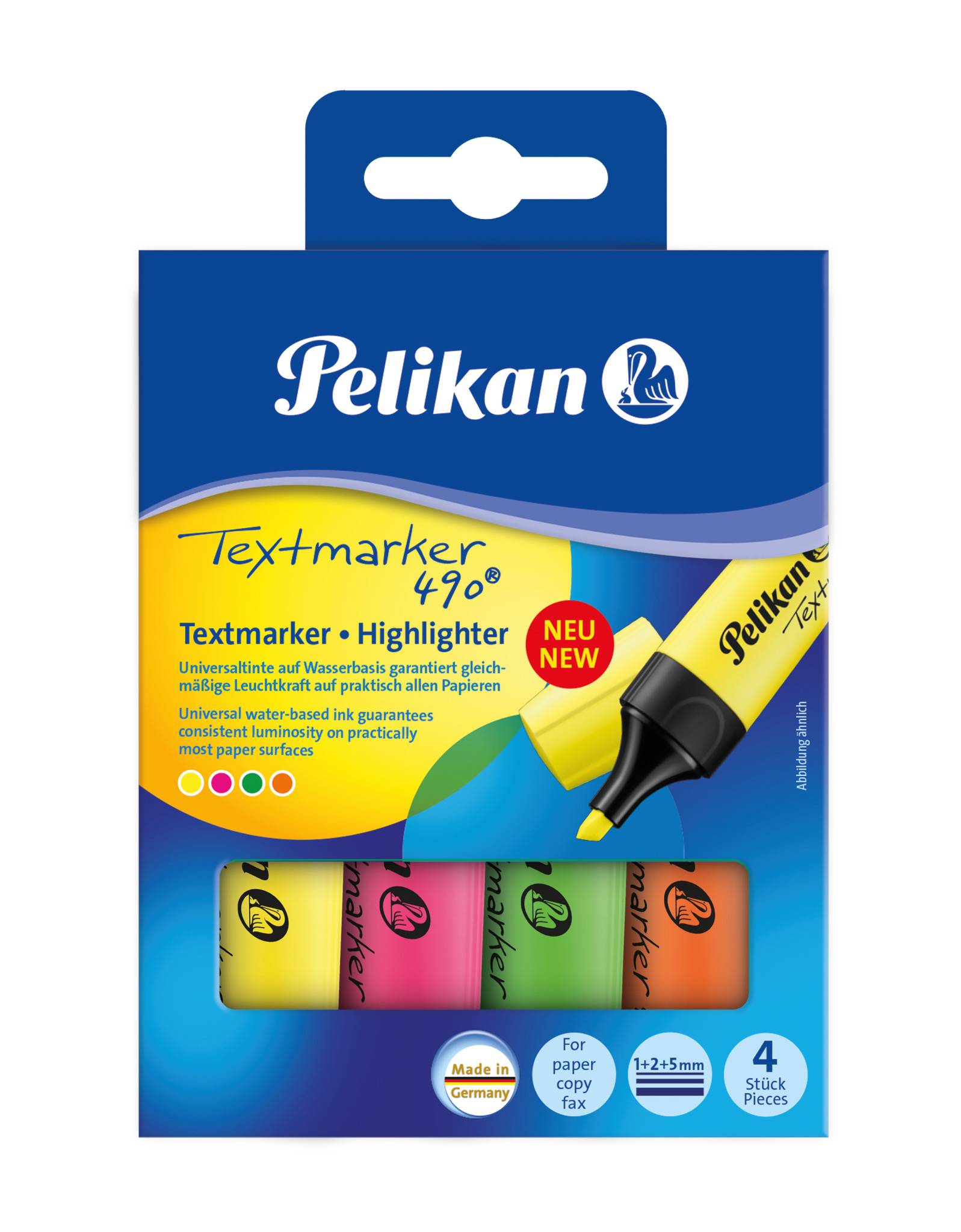 Pelikan Textmarker 490, 4 Stück(e), Grün, Orange, Pink, Gelb, Multi, Tinte auf Wasserbasis, Box