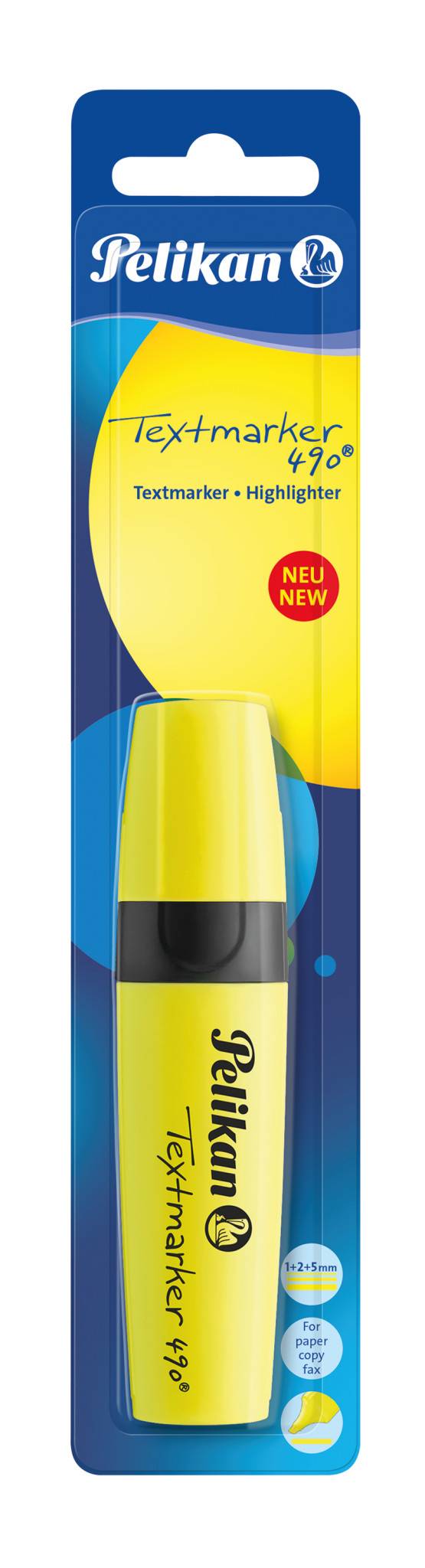 Gelber Pelikan Textmarker 490 Textmarker in blau-gelber Verpackung, mit der Bezeichnung „Textmarker + Highlighter
