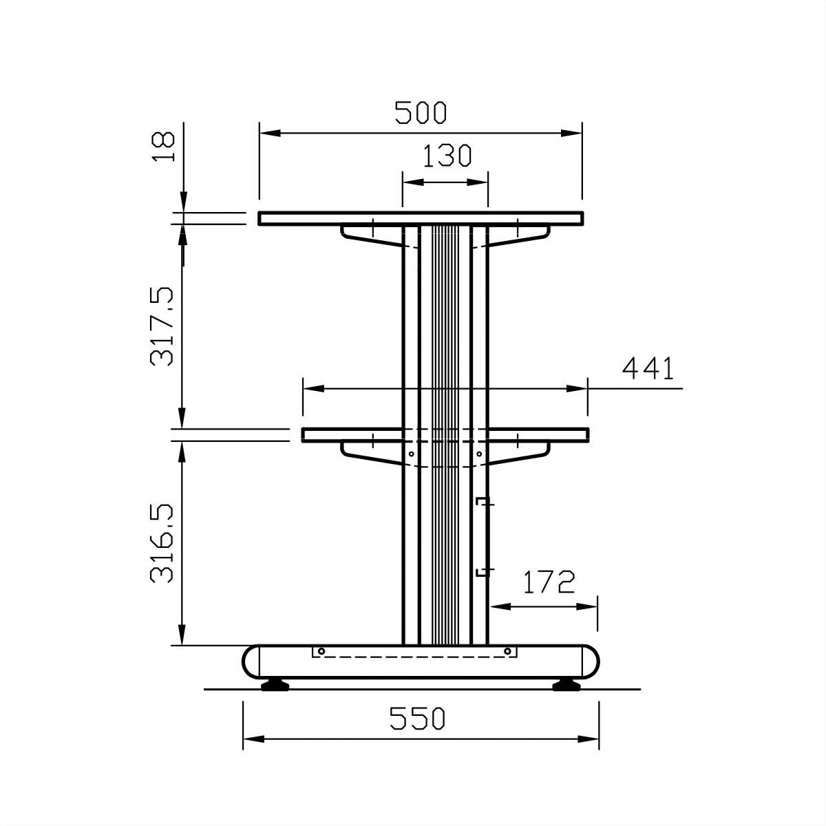Technische Dimensionszeichnung eines Stehpults oder einer Rednerpult mit Seitenansicht und Maßen: 550 mm Basis, 500 mm Oberflächenbreite und Höhen von 317,5 mm, 316,5 mm und 18 mm.