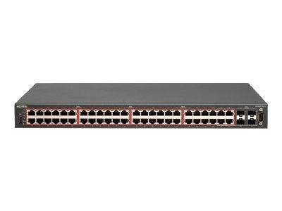 Vorderansicht eines 48-Port-Netzwerk-Switches mit Reihen von Ethernet-Anschlüssen und einigen Uplink-Ports auf der rechten Seite.