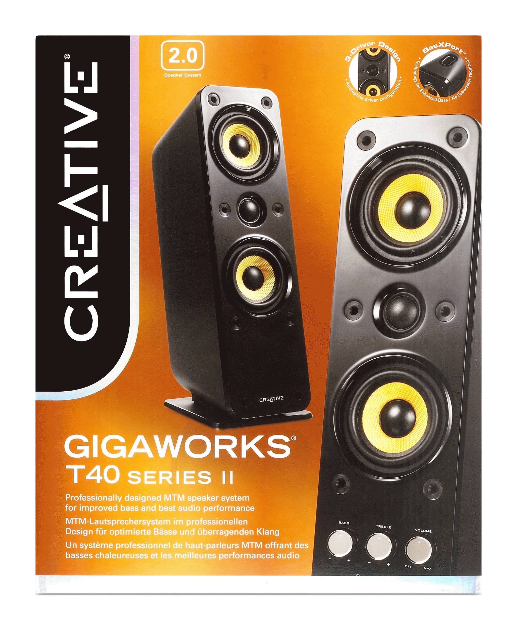 Produktbox für Creative GigaWorks T40 Series II 2.0-Lautsprechersystem, das zwei schwarze Desktop-Lautsprecher auf orangefarbenem Hintergrund zeigt.