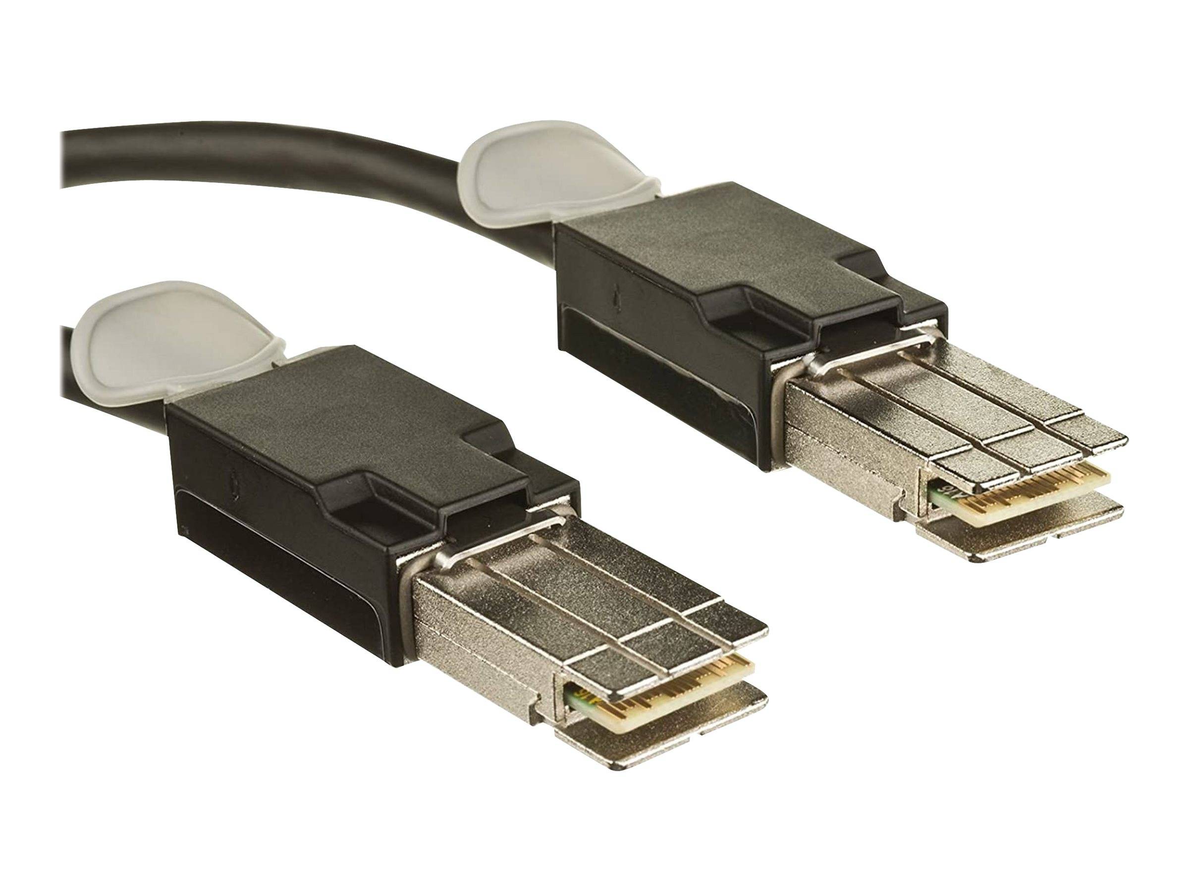 Zwei Metallglasfaserkabelstecker mit schützenden schwarzen Gehäusen auf weißem Hintergrund.