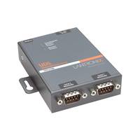 Graue USB-zu-Seriell-Adapterkiste mit zwei DB9-Anschlussanschlüssen, auf weißem Hintergrund abgebildet.