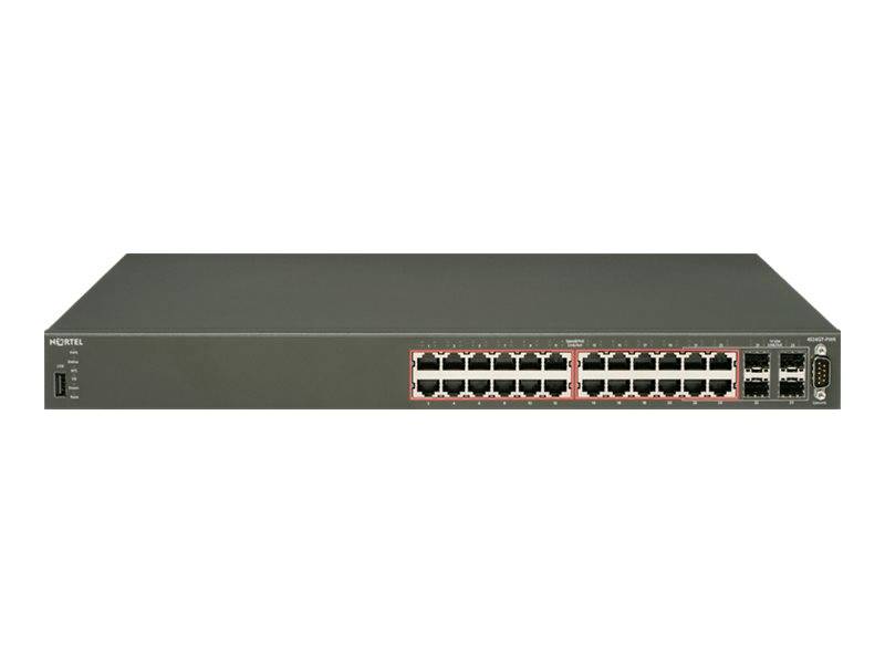 Vorderansicht eines Netzwerk-Switches mit mehreren Ethernet-Anschlüssen und Statusanzeigen auf einfachem weißem Hintergrund.