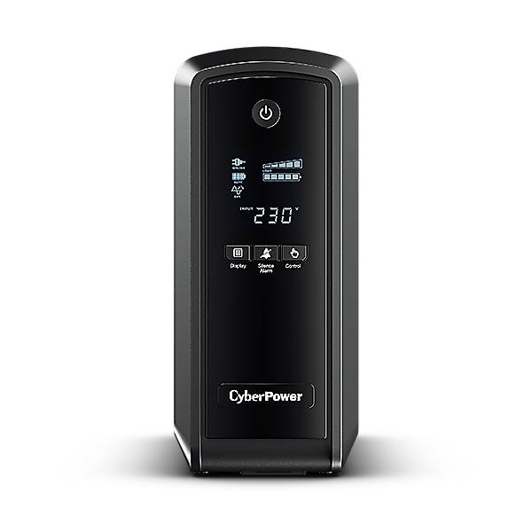 CyberPower unterbrechungsfreie Stromversorgung mit Frontdisplay zur Anzeige des Batteriezustands, 230V-Eingang und Tasten für Verzögerung, Alarm und Steuerung.