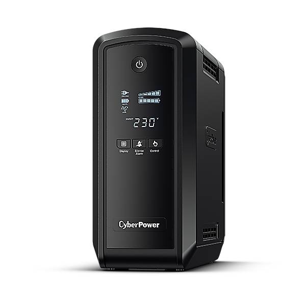 Schwarzer CyberPower Unterbrechungsfreie Stromversorgungsturm mit Frontdisplay, das 230V, Statussymbole und drei Steuerungsschaltflächen anzeigt.