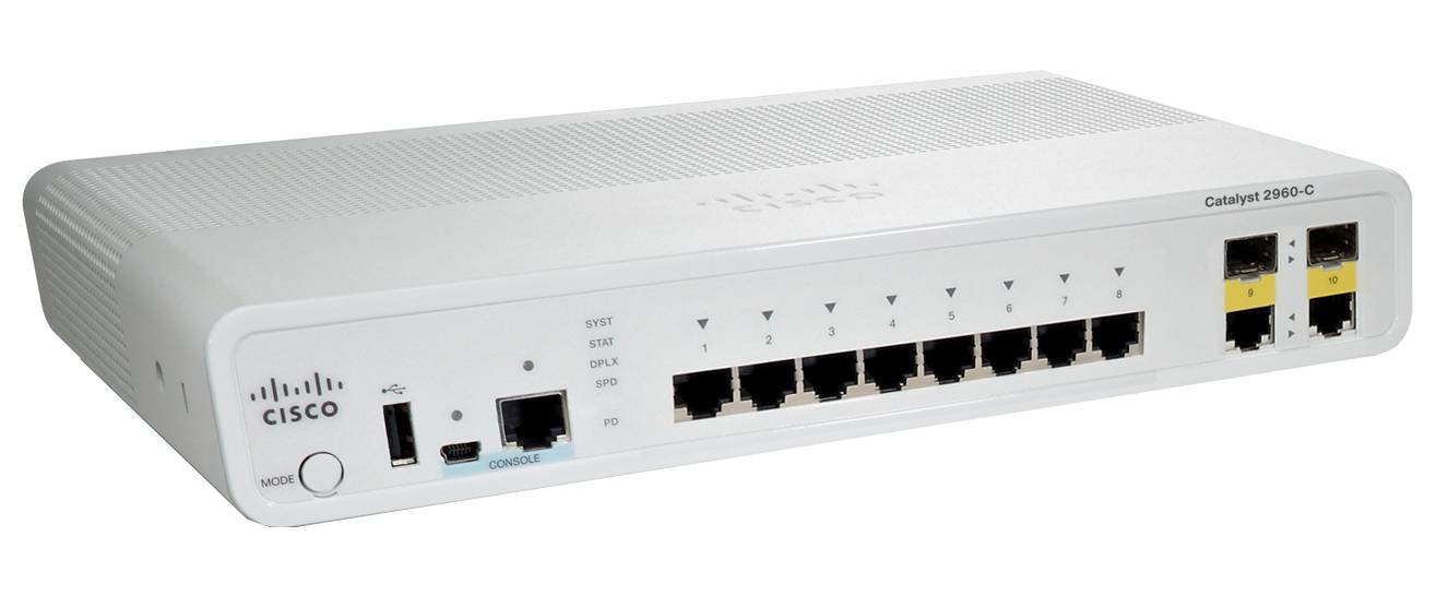 Cisco Catalyst 2960-C Netzwerk-Switch mit mehreren Ethernet-Anschlüssen und Statusleuchten auf der Frontplatte.
