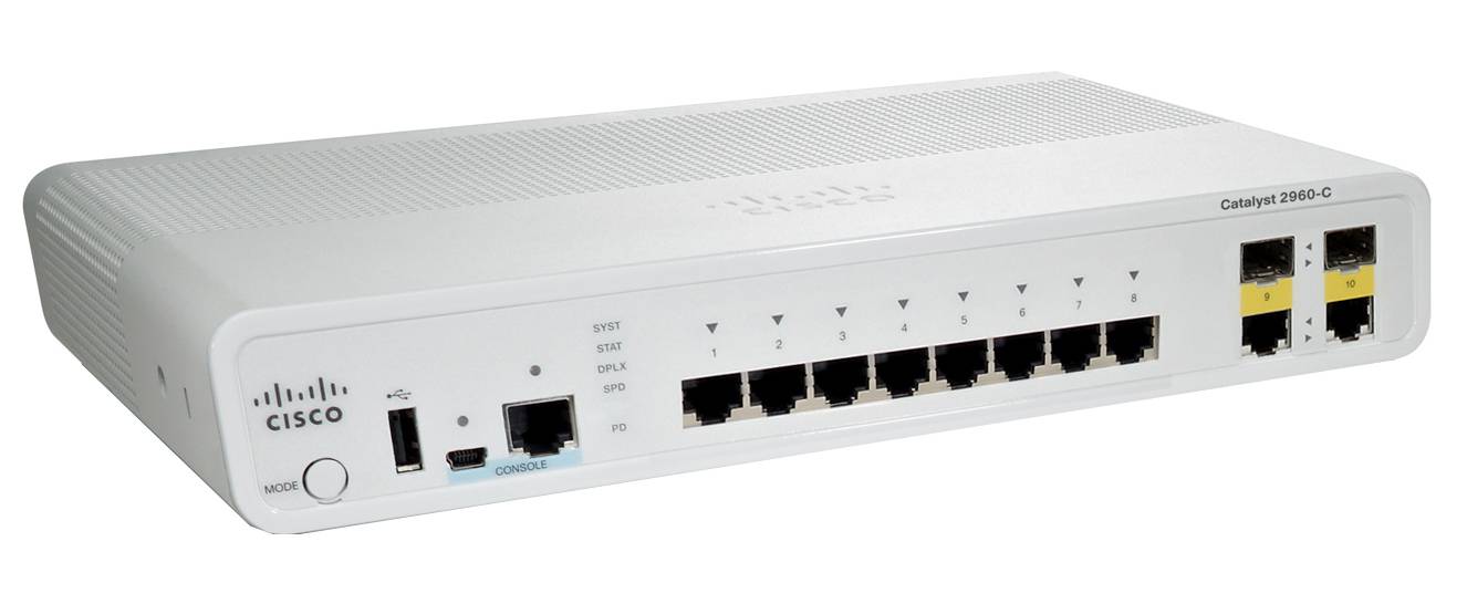 Cisco Catalyst 2960-C Netzwerk-Switch mit mehreren Ethernet-Ports, einem USB-Port und Statusindikatoren auf der Frontplatte.