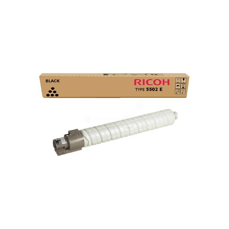 Ricoh schwarze Tonerpatrone Typ 5502 E, gezeigt mit ihrer Verpackung auf weißem Hintergrund.