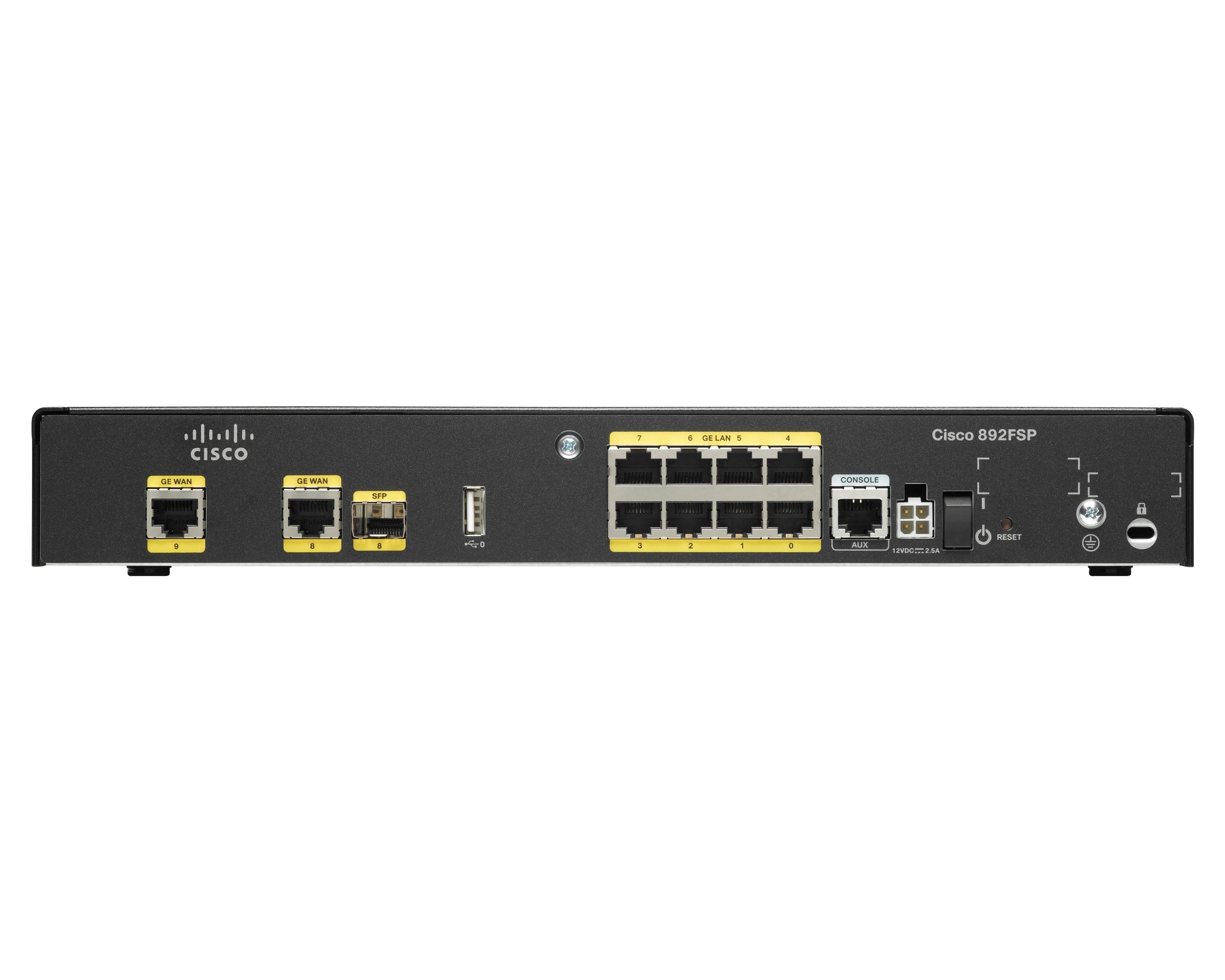 Vorderansicht eines Cisco 892FSP-Netzwerk-Routers mit mehreren gelb gekennzeichneten Ethernet-Anschlüssen und Statusanzeigen auf einem schwarzen Rack-Panel.