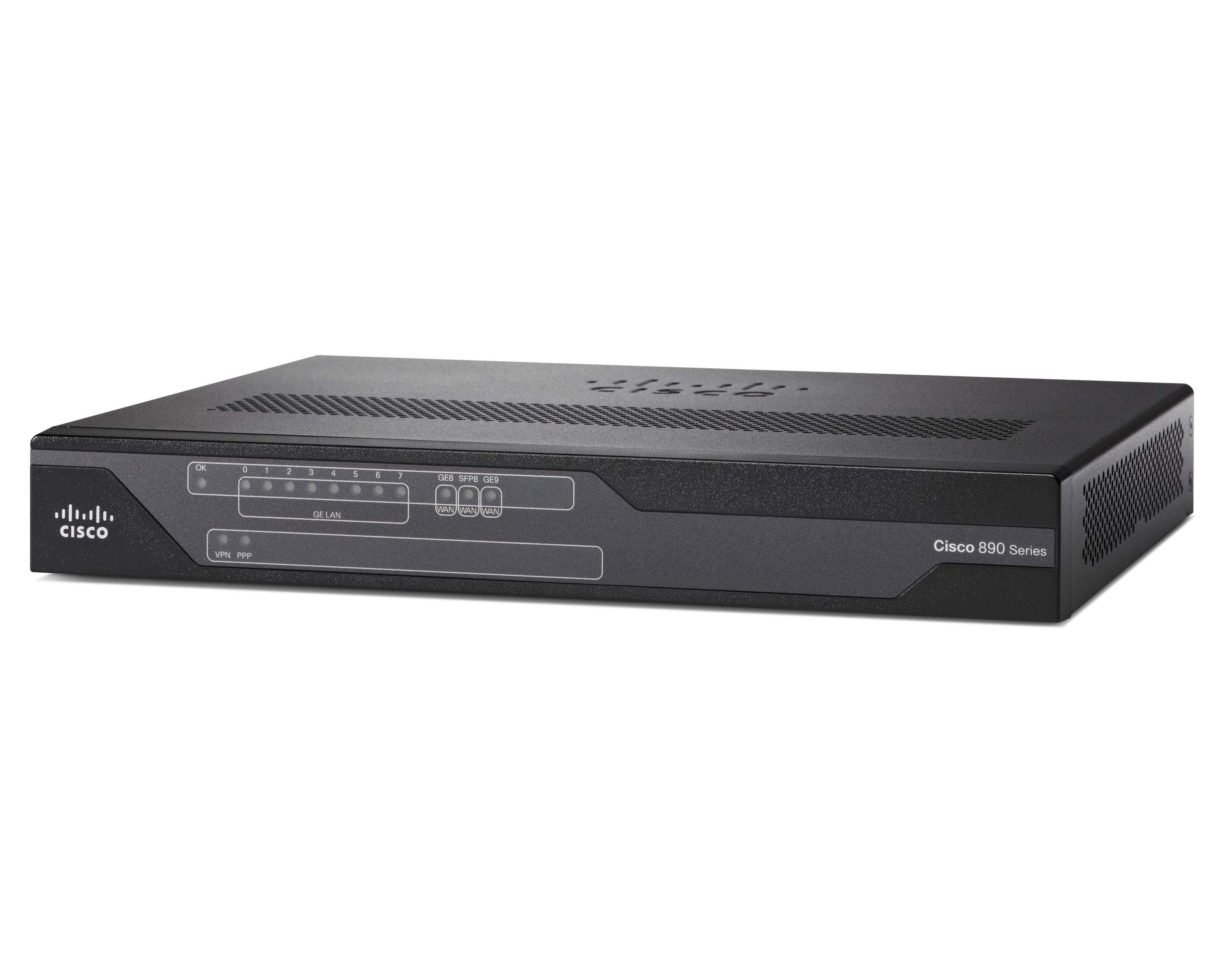 Cisco 890 Serie Netzwerk-Router in einer vorderen linken Schrägansicht auf weißem Hintergrund.