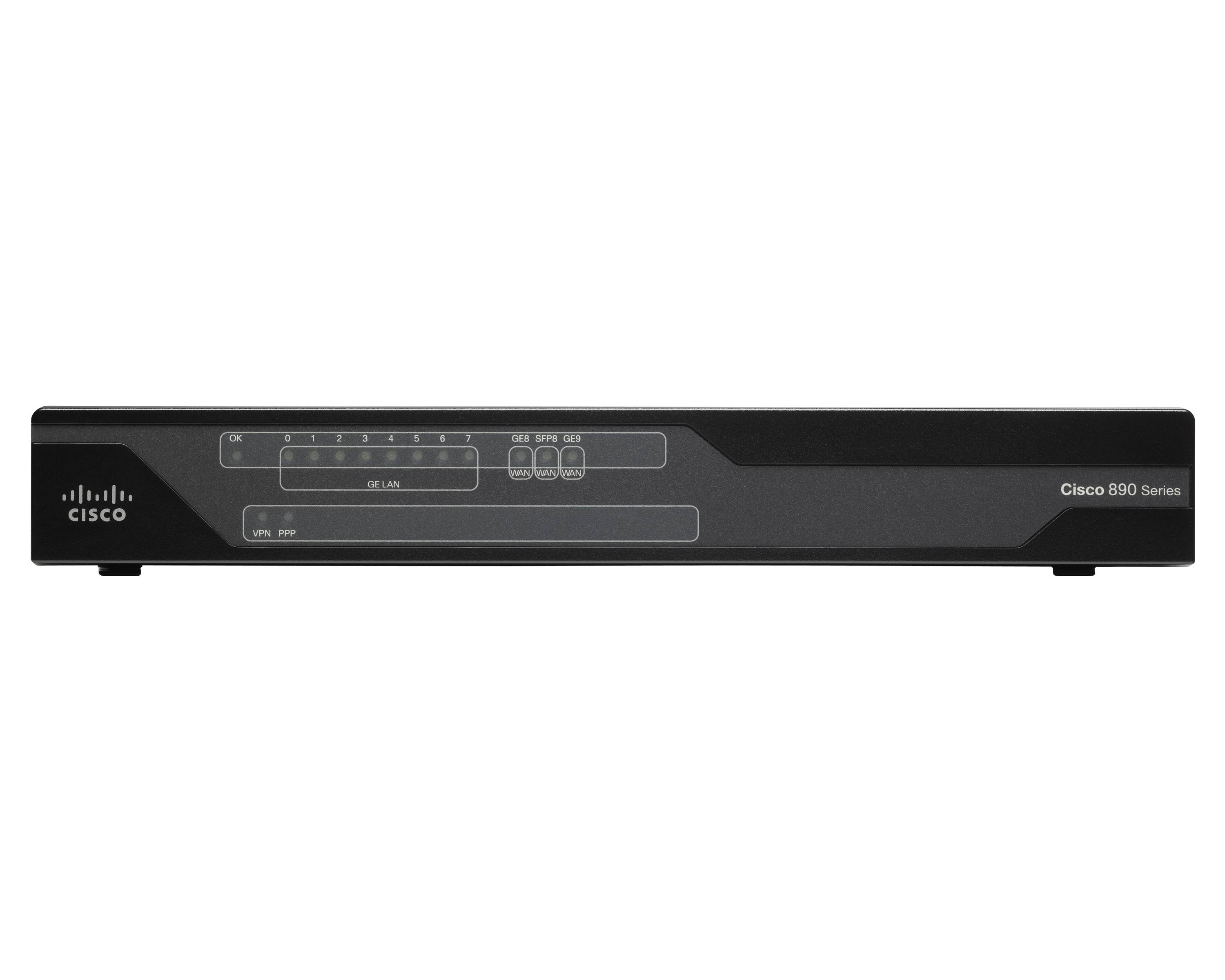 Frontansicht eines Cisco 890 Series Netzwerk-Routers auf weißem Hintergrund.