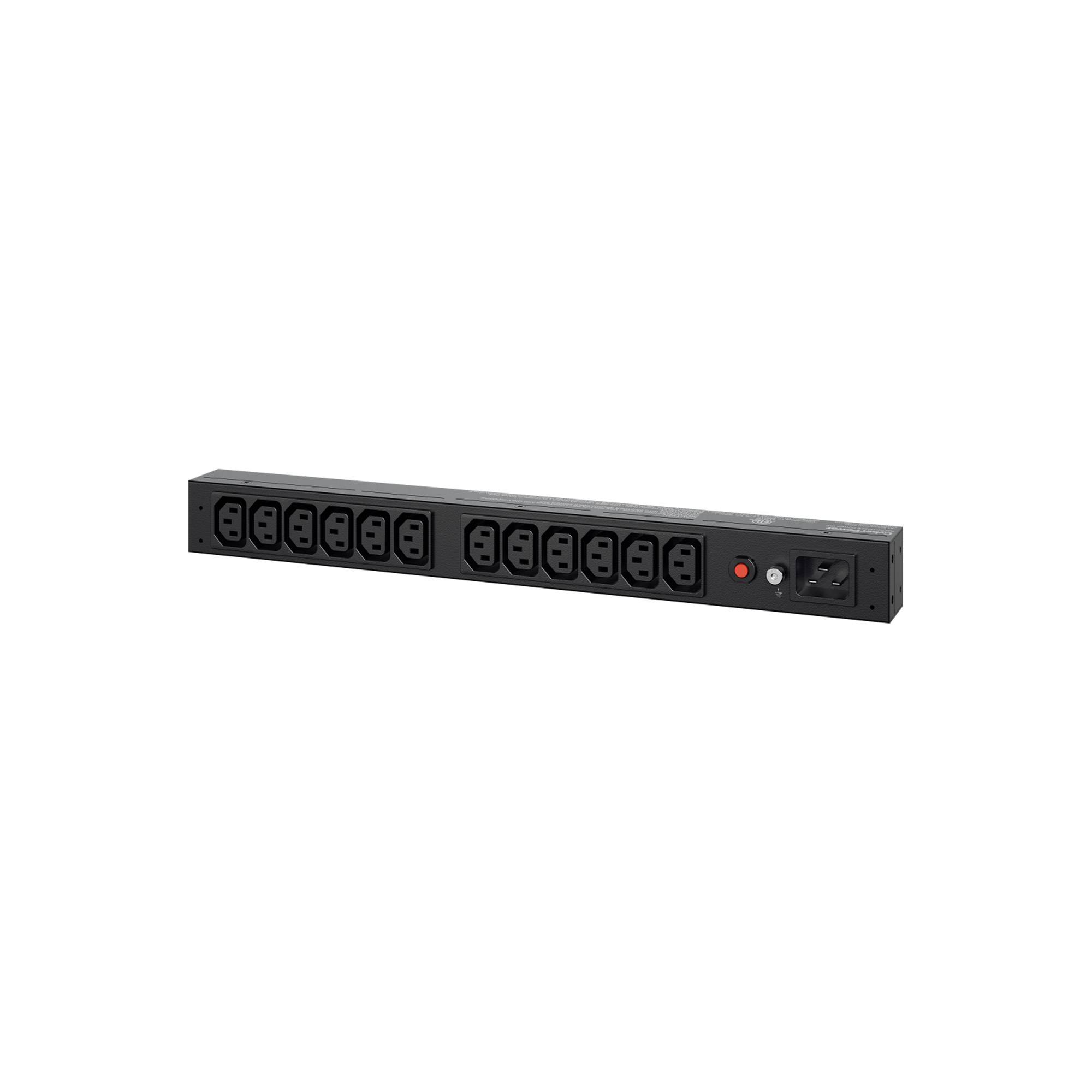 Schwarze Rack-Mount-Steckdosenleiste mit mehreren Steckdosen, rotem Netzschalter und beleuchtetem Anzeigelicht.