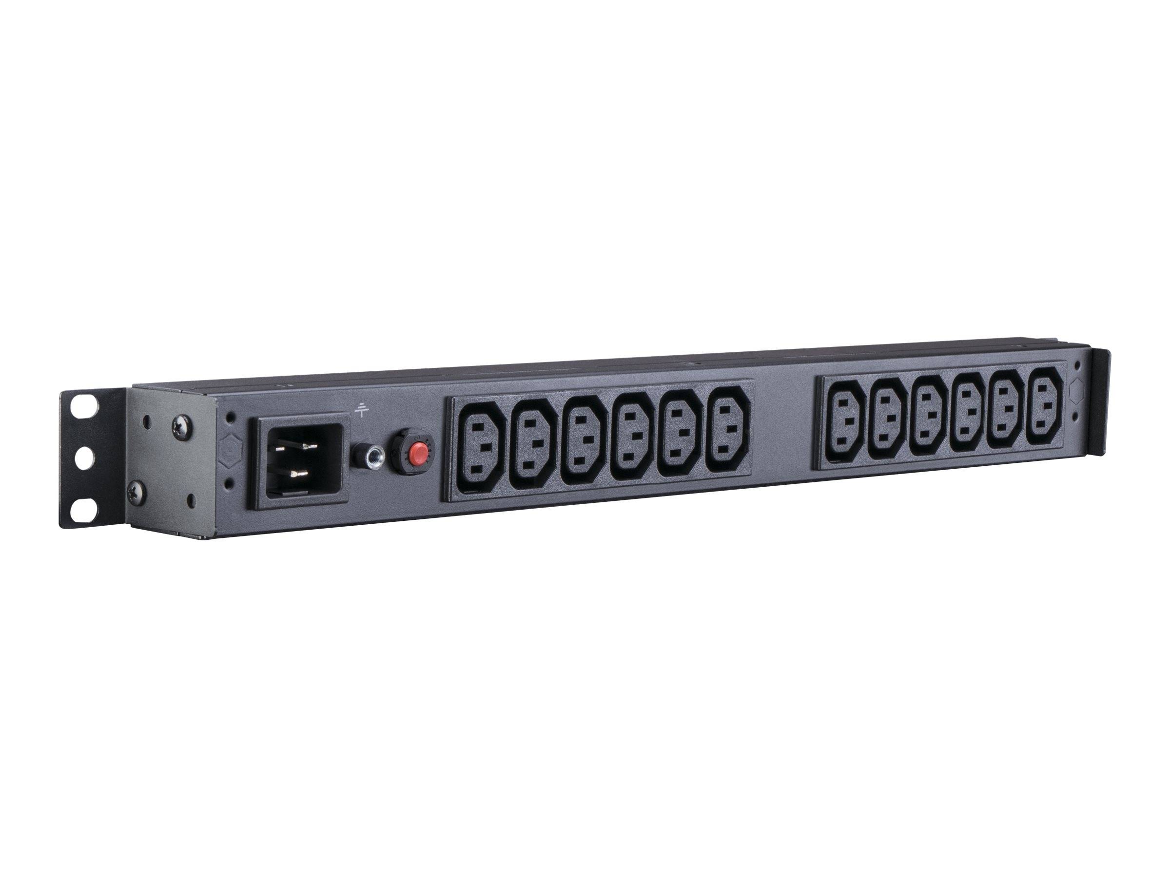 Rack-montierte Stromverteilungseinheit mit einem Stromeingangsstecker, Anzeigelicht und mehreren AC-Ausgängen auf der Frontplatte.