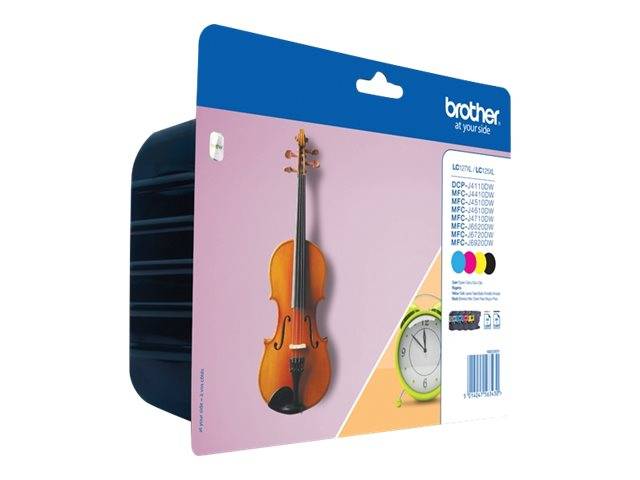 Eine Tinte-Patrone für Brother-Drucker in einer Packung mit einem Violinen-Bild auf der Vorderseite und einer Uhr-Grafik unten rechts.