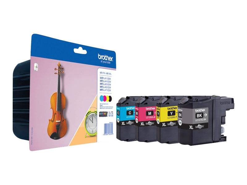 Brother Tintenpatronen-Set mit vier Patronen in Cyan, Magenta, Gelb und Schwarz, neben seiner Verpackungsbox dargestellt.
