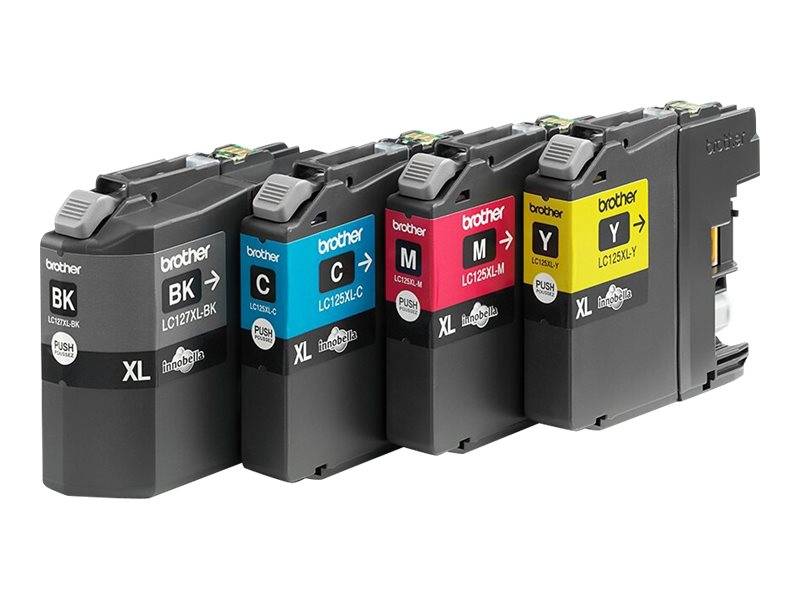 Satz von Brother XL Tintenpatronen in Schwarz, Cyan, Magenta und Gelb, nebeneinander auf weißem Hintergrund dargestellt.