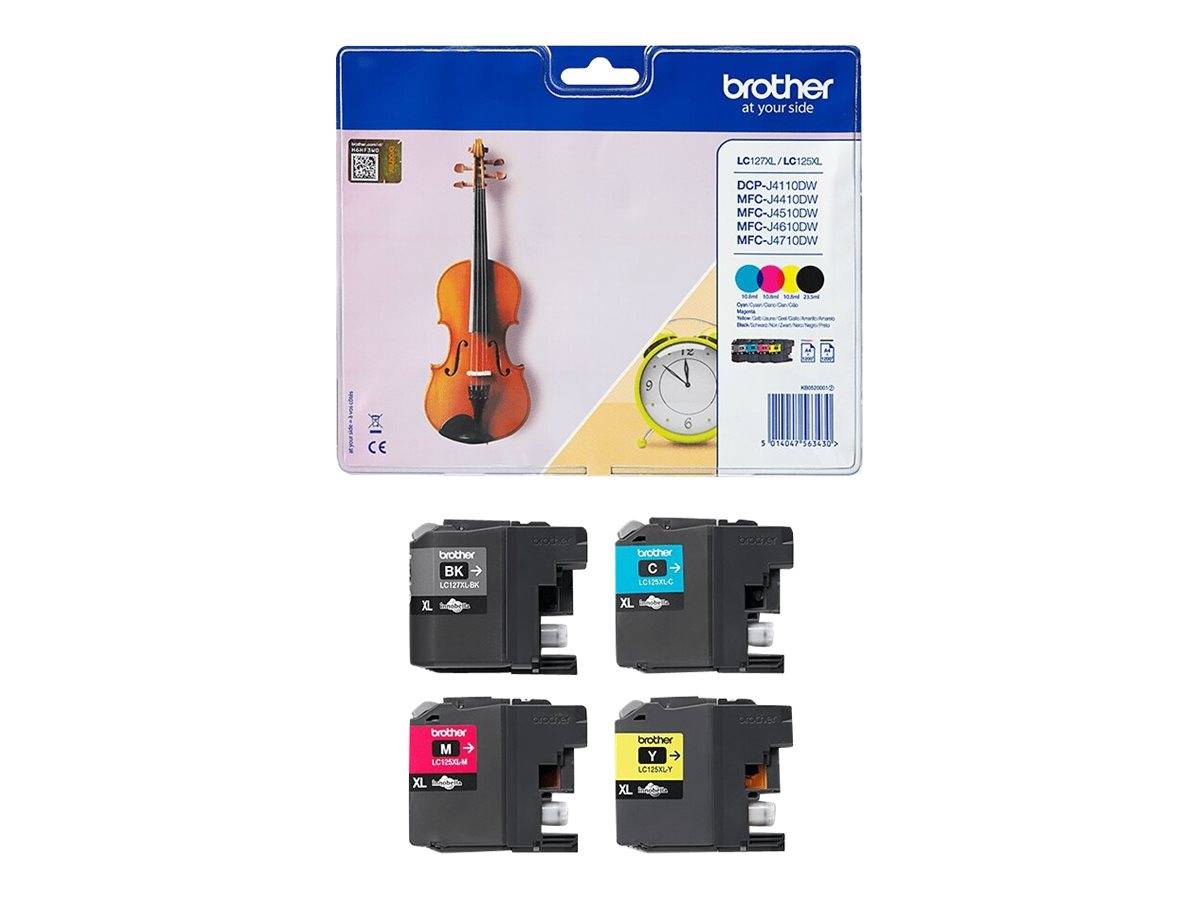 Brother Tintenpatronensatz mit vier Patronen in Schwarz, Cyan, Magenta und Gelb für kompatible Brother-Drucker.