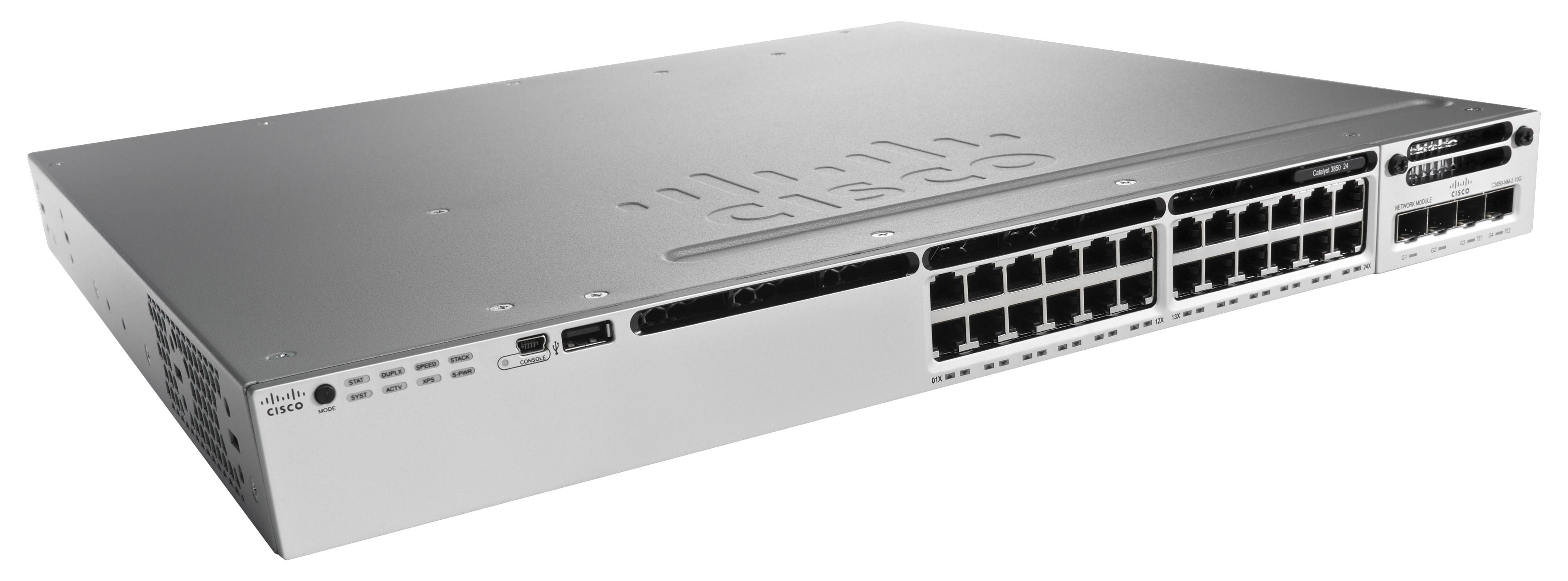Rack-montierter Cisco-Netzwerk-Switch mit 24 Ethernet-Ports und zusätzlichen Uplink-Modulen auf weißem Hintergrund.