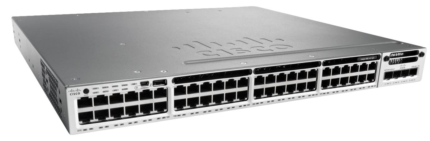 Vorderansicht eines Cisco-Netzwerk-Switches mit mehreren Ethernet-Anschlüssen und Statusanzeigen auf weißem Hintergrund.