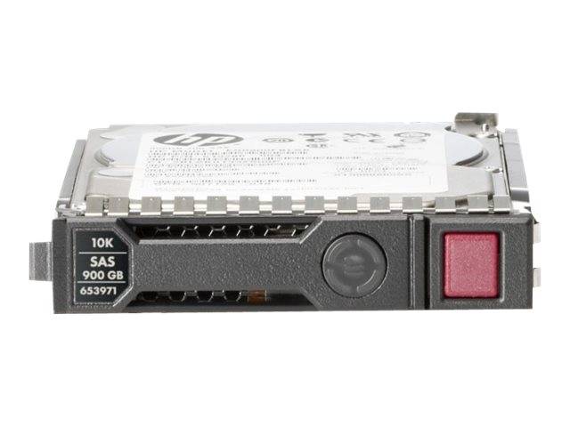 Vorderansicht einer HP 10K SAS 900 GB Festplatte in einem Metall-Laufwerkschacht mit schwarzem Frontpaneel und rotem Verschluss.