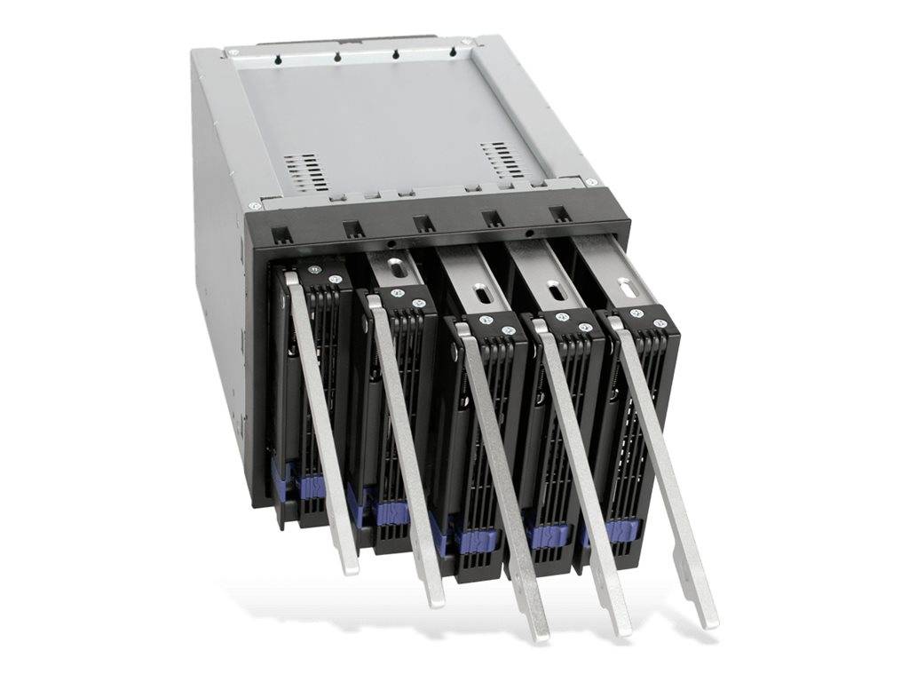 Ein Server-Hardware-Modul mit fünf frontseitig zugänglichen Laufwerkschächten oder herausnehmbaren Schubladen, die sich von einem Metallrahmen nach außen erstrecken.