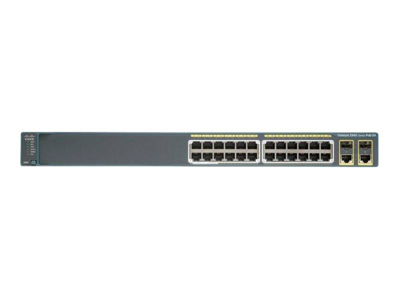 Vorderansicht eines Cisco-Netzwerk-Switches mit mehreren Ethernet-Ports und zwei Uplink-Ports auf der rechten Seite.