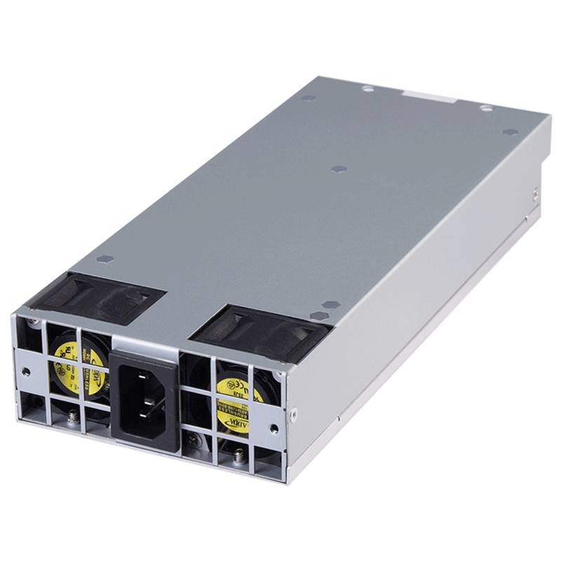 Rechteckiges Metall-Server-Netzteil mit vorderen Kühlventilatoren und Stromeingang.