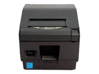 Frontansicht eines schwarzen Thermodrucker für Quittungen mit Papierschacht, Schalter und geöffnetem Quittungsfach.