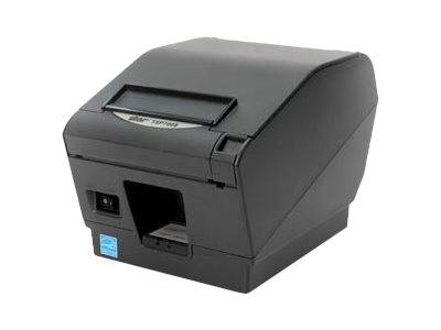 Schwarzer Thermodrucker für Quittungen mit Papiereinzug und vorderer Ausgabeöffnung auf weißem Hintergrund