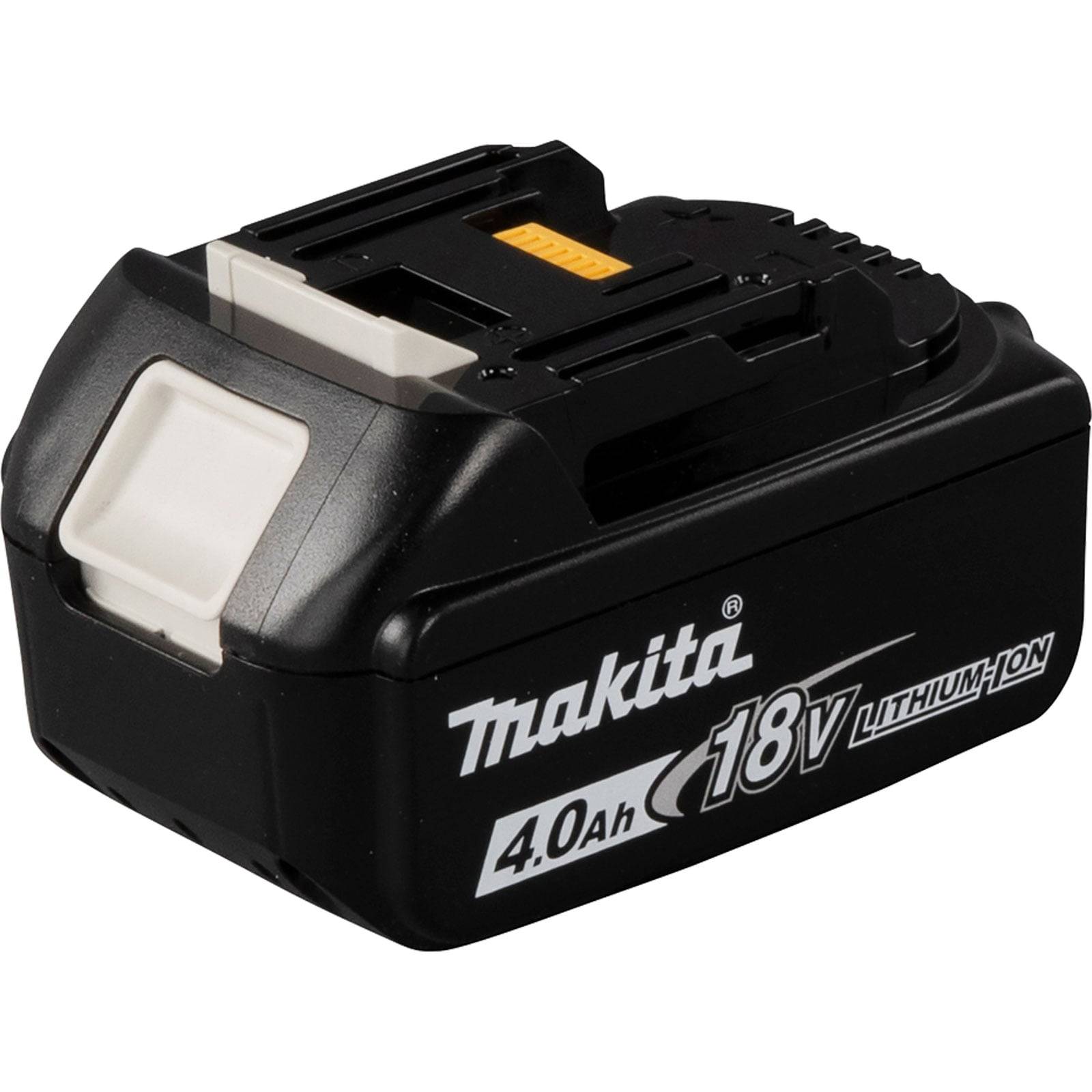 Eine schwarze Makita 18V Lithium-Ionen-Batterie mit '4.0Ah' aufgedruckt, entwickelt für Elektrowerkzeuge, die Kapazität und Marke hervorhebt.