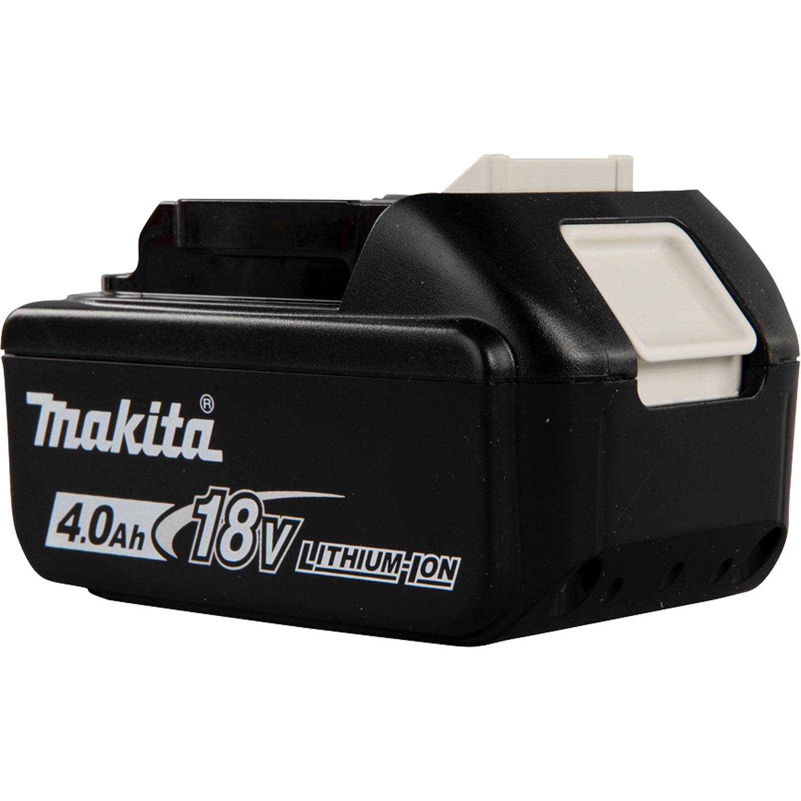 Ein Makita 18V 4.0Ah Lithium-Ionen-Akkupack, schwarz mit weißer Schrift, entwickelt für Elektrowerkzeuge, auf dem die Marke und Kapazität zu sehen sind.