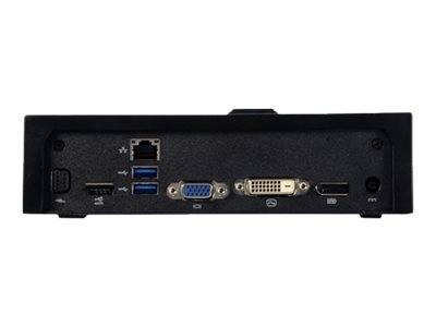 Rückansicht eines kleinen Desktop-Computers mit Anschlüssen: Ethernet, zwei USB 3.0, VGA, DVI, HDMI, Audio und Stromversorgungsbuchse.