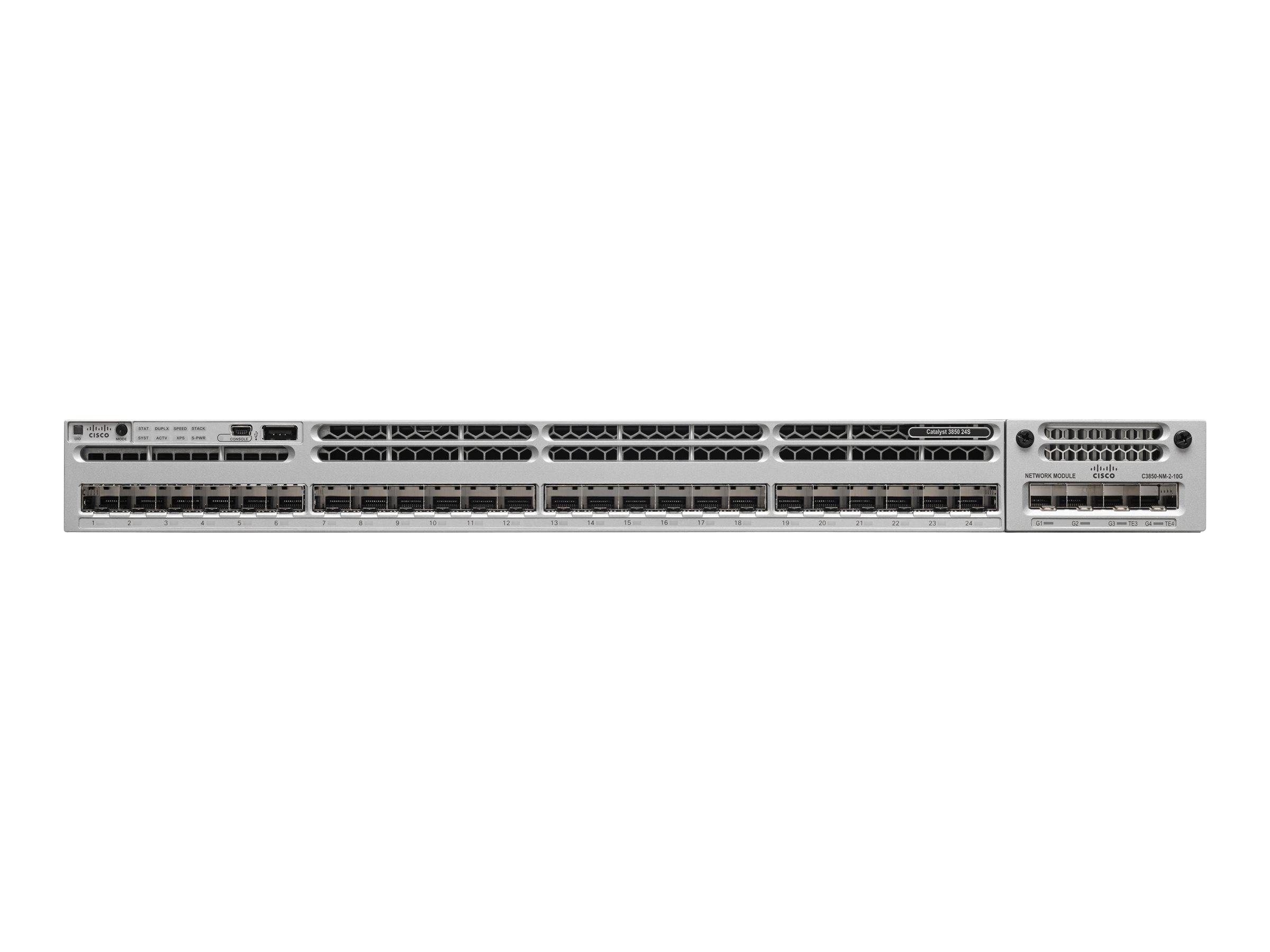 Vorderansicht eines Rack-montierten Netzwerk-Switches mit vielen Ethernet-Anschlüssen und einigen Uplink-Modulen, gezeigt auf weißem Hintergrund.