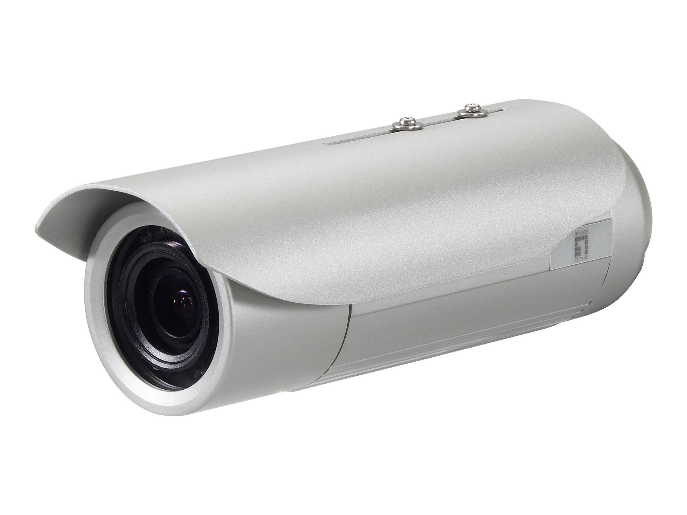 Eine silberfarbene Außen-Sicherheit-CCTV-Kamera in zylindrischem Gehäuse, abgebildet unter Winkelneigung nach links auf weißem Hintergrund.