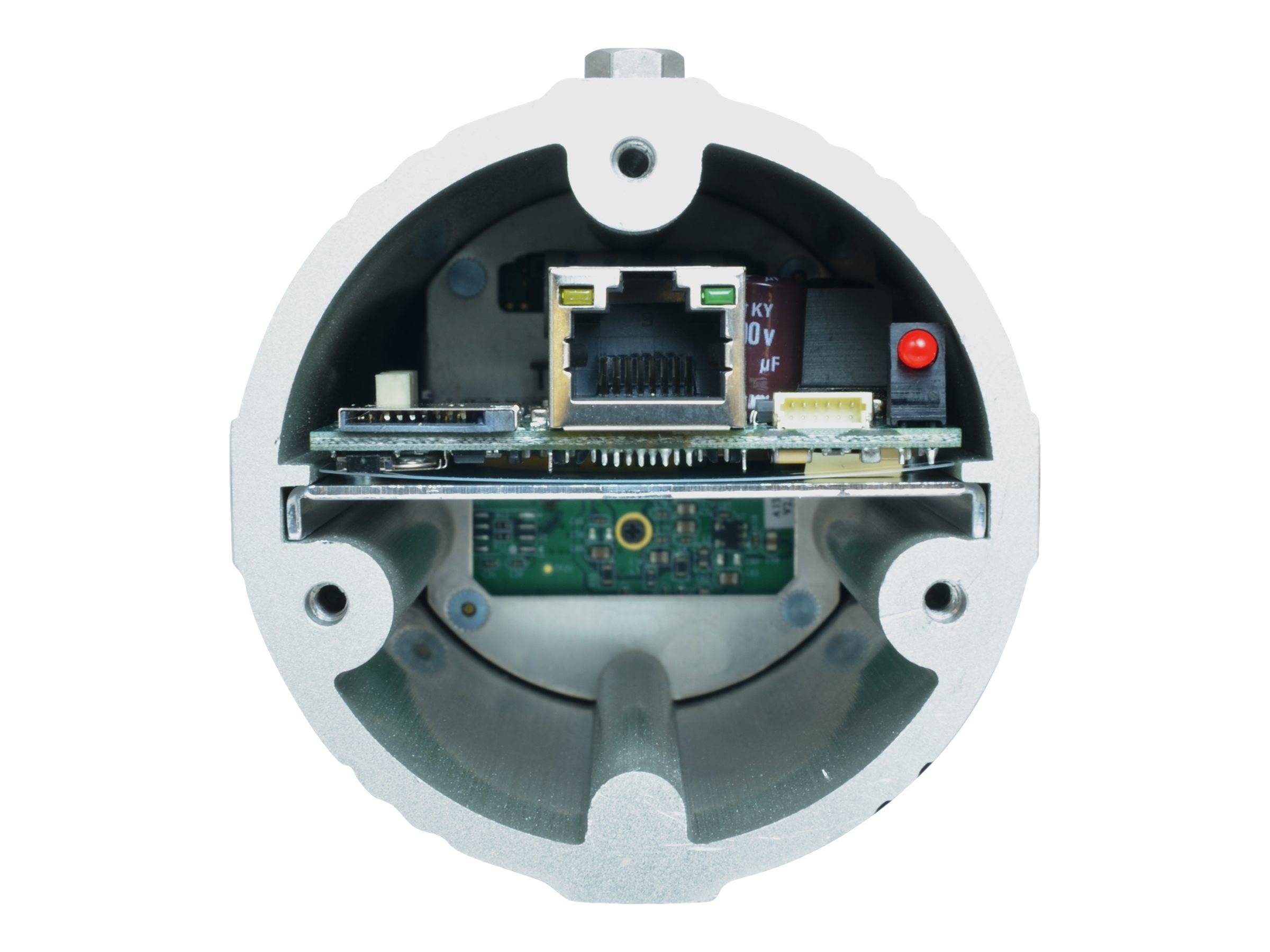 Nahaufnahme eines runden Metallgehäuses für Elektronik mit einer Leiterplatte, einem Ethernet-Anschluss und einer kleinen roten LED im Inneren.