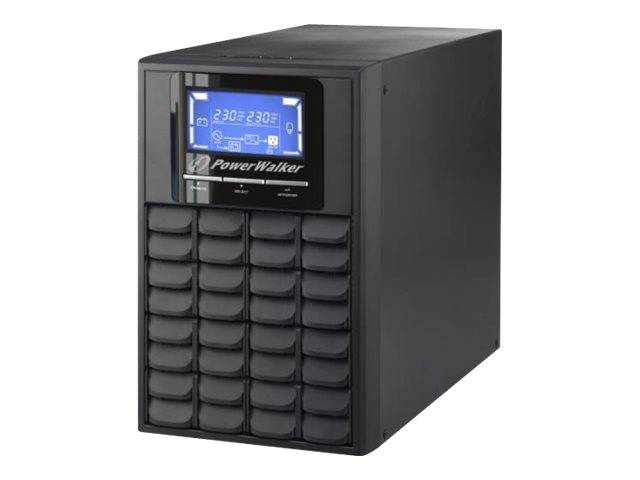 Schwarze PowerWalker UPS-Einheit mit blauem frontalen Display und mehreren Batteriefachpanelen.