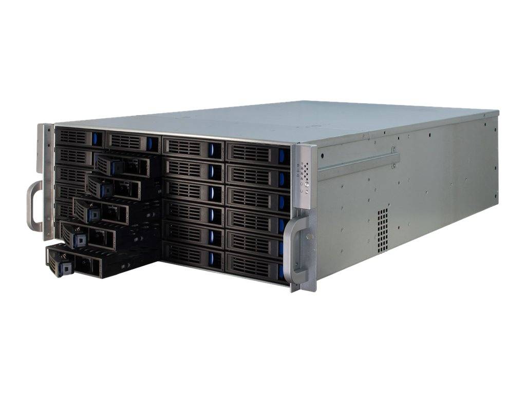 Vorderansicht eines Rack-Mount-Server-Gehäuses mit mehreren Hot-Swap-Laufwerkschächten und Griffen, dargestellt auf weißem Hintergrund.