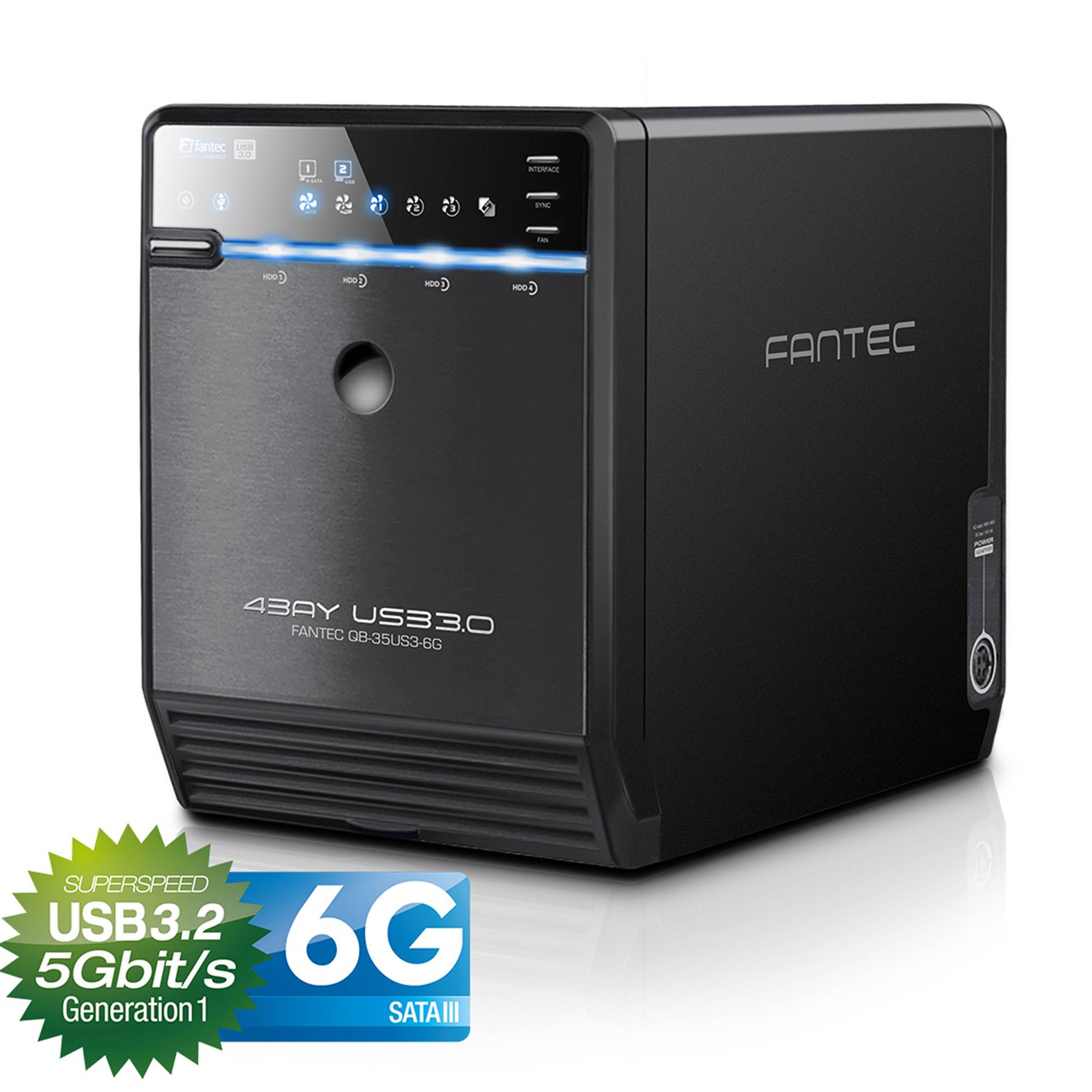 Schwarzes Fantech-Festplattengehäuse mit vorderen Statusleuchten und USB-3.0-Branding, dargestellt mit Abzeichen „USB 3.2 5Gbit/s