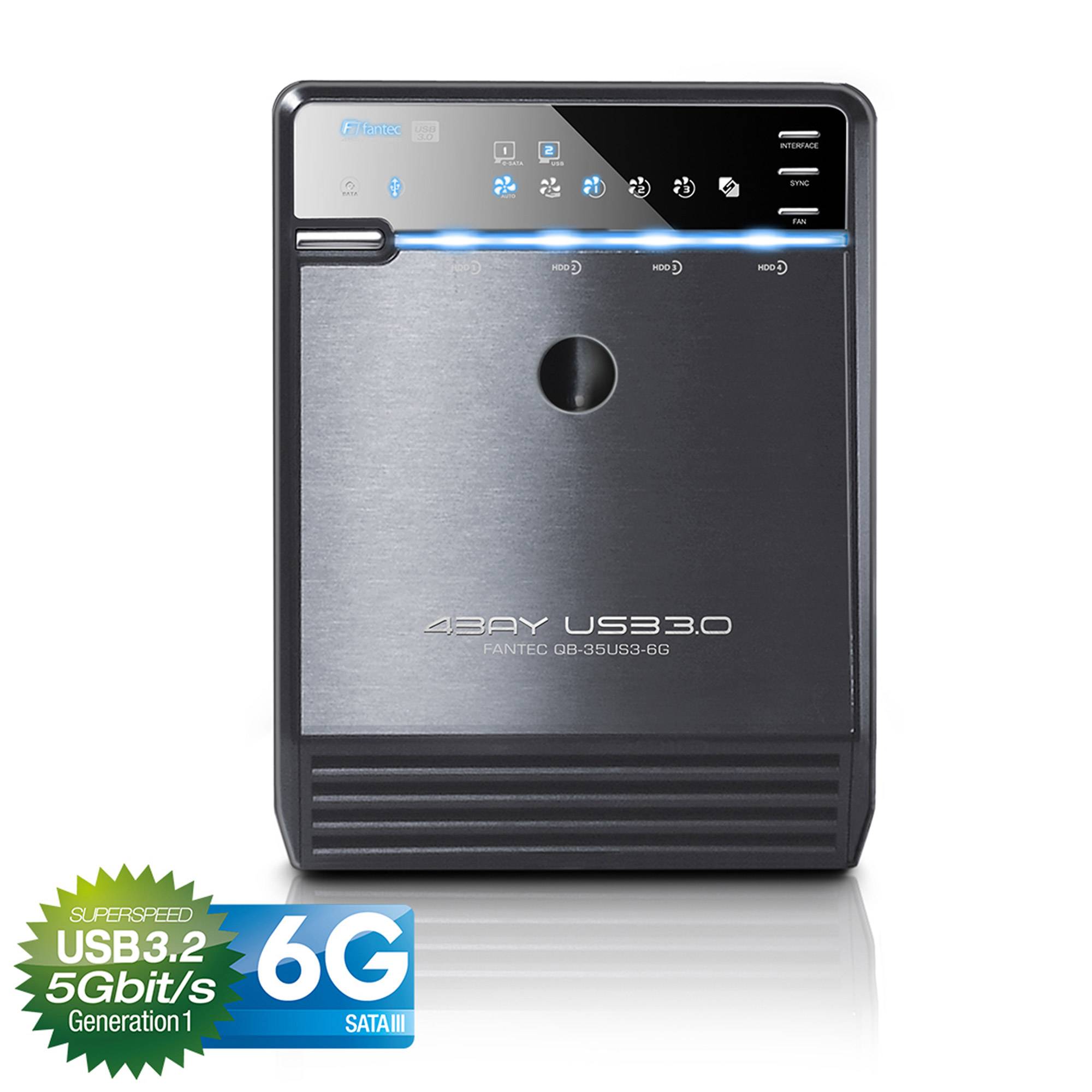 Vorderansicht eines Fantech 4-Schacht-USB-3.0-Festplattengehäuses mit Statusleuchten und einem „6G SATA III USB 3.2