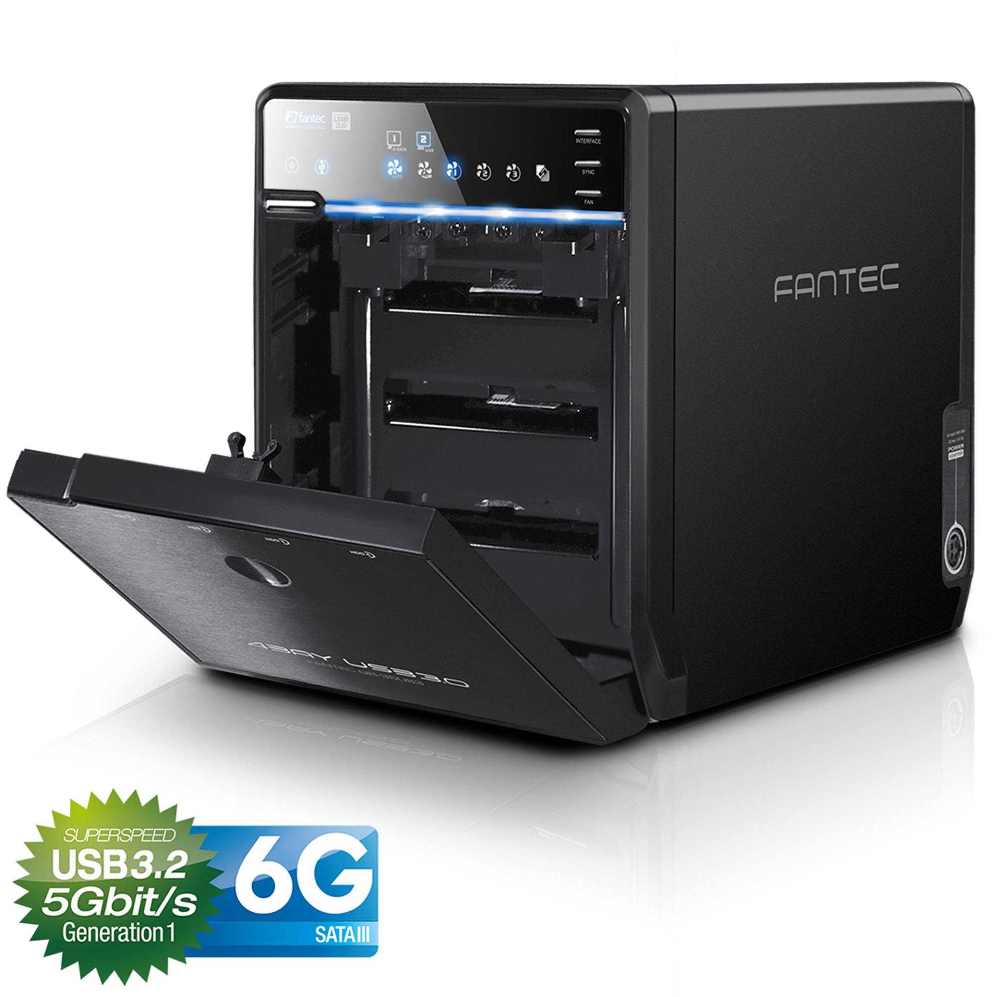 Schwarzes Fantec 6G externes Festplattengehäuse mit offener Frontklappe, die Laufwerkschächte und USB 3.2/SATA III Geschwindigkeitsbadge zeigt