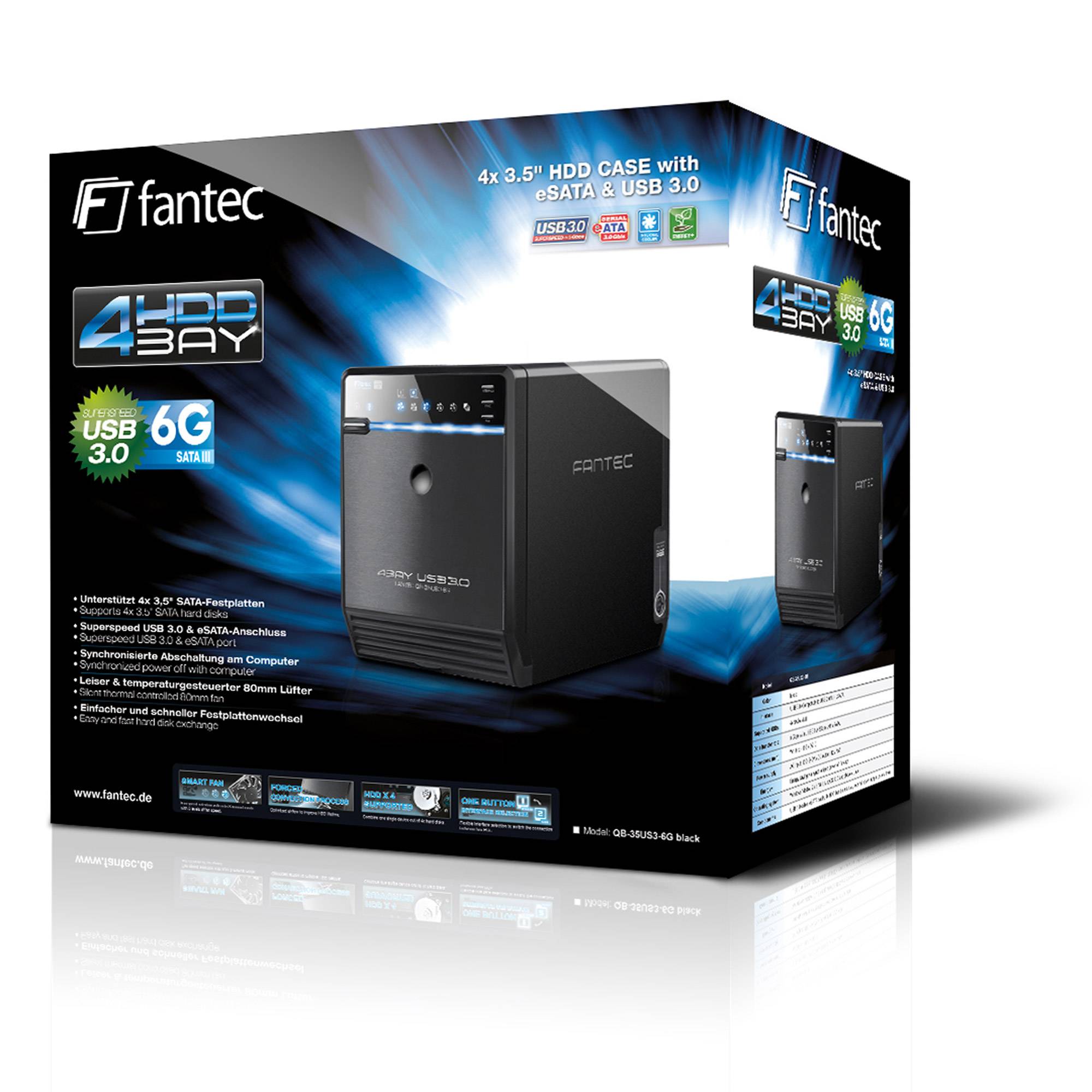Fantec 4-Schacht externes Festplattengehäuse, gekennzeichnet mit „4x 3,5
