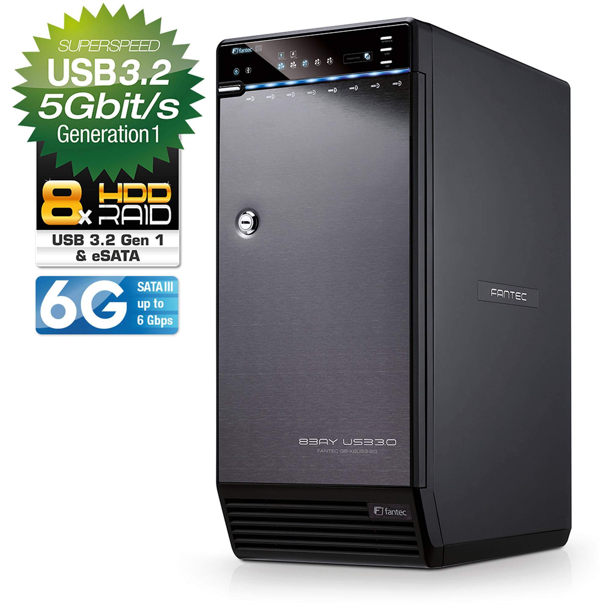Schwarzes externes Festplattengehäuse mit Frontverriegelung und Statusleuchten, daneben werden Funktionsabzeichen angezeigt, auf denen „USB 3.2 Gen 1 5Gbit/s