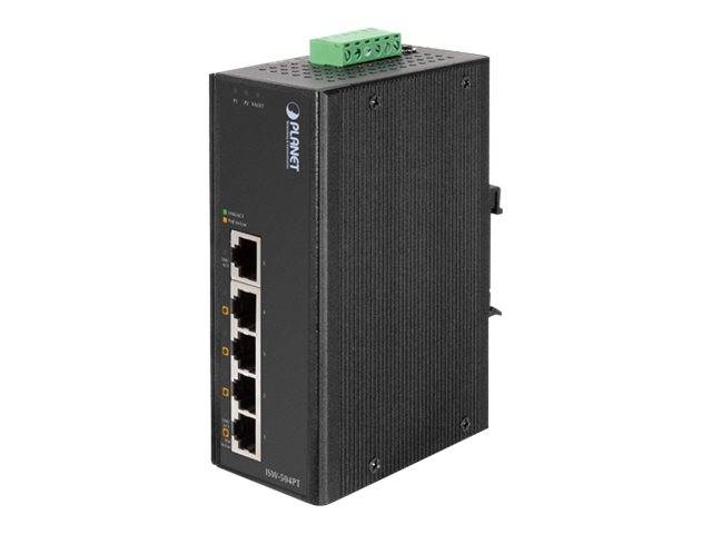 Schwarzer Planet-Industrie-Netzwerk-Switch mit vier Ethernet-Anschlüssen und einer grünen Schraubklemme oben.